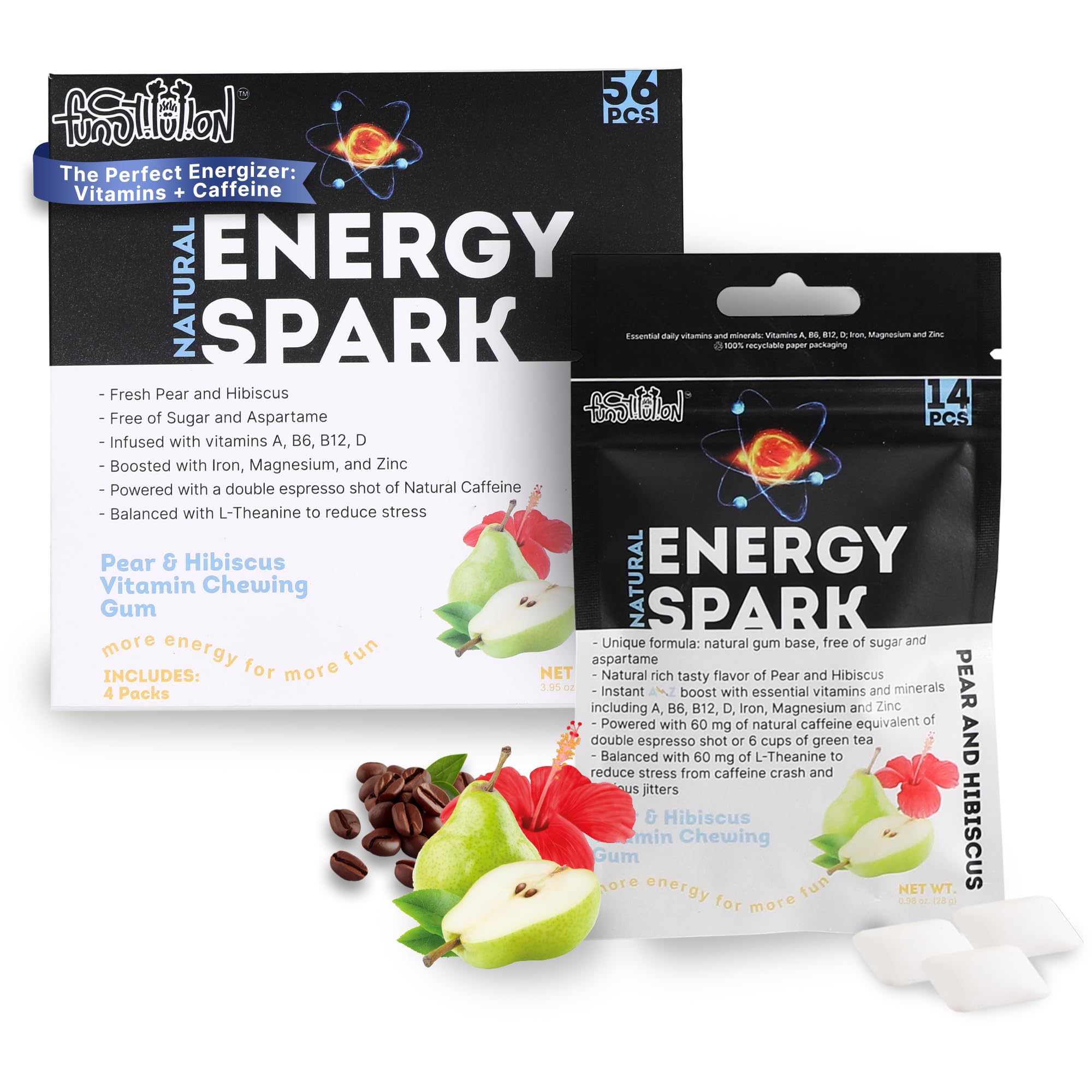 Natural Multivitamin 60 mg Caffeine Gum (56pcs) | Focus And Energy Gum For Students And Athletes to Stay Focused | Contains Vitamin A, B6, B12, D, L-Theanine, Xylitol, Zinc, Magnesium