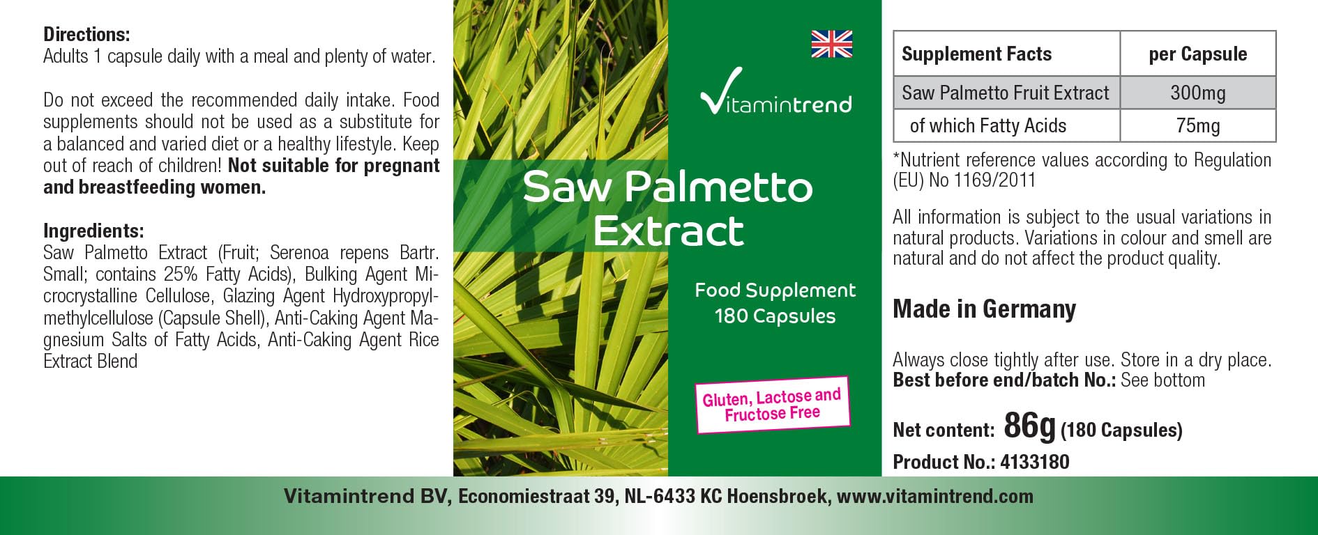 Vitamintrend Extracto de palma enana americana 300 mg, 180 cápsulas, fácil de tragar, complemento alimenticio vegano sin estearato de magnesio, fabricado en Alemania