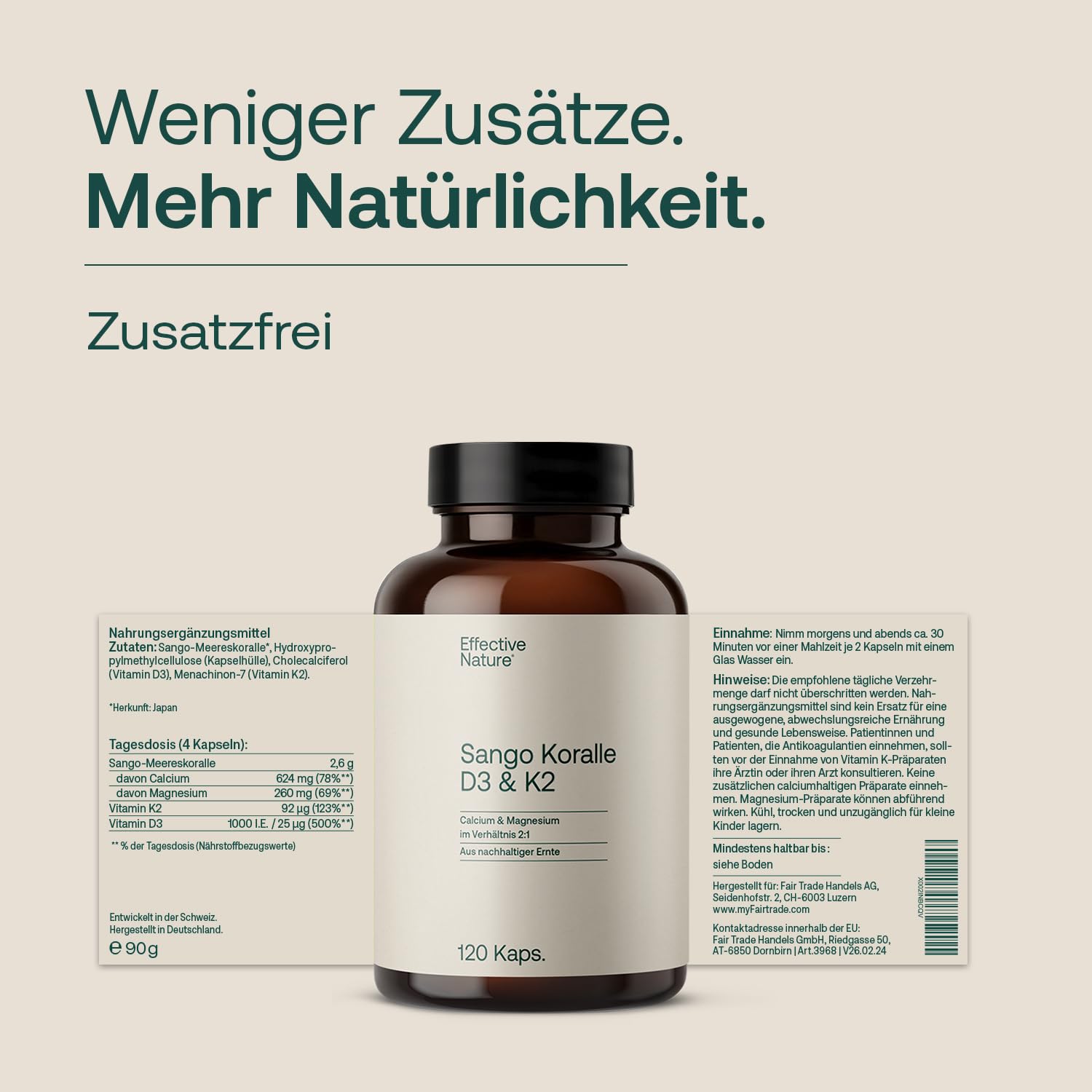 Effective Nature Sango Meereskoralle + Vitamin D3 K2 - hochdosiert | Mit Calcium & Magnesium im optimalen 2:1 Verhältnis - 120 Kapseln - ohne Zusätze - laborgeprüft