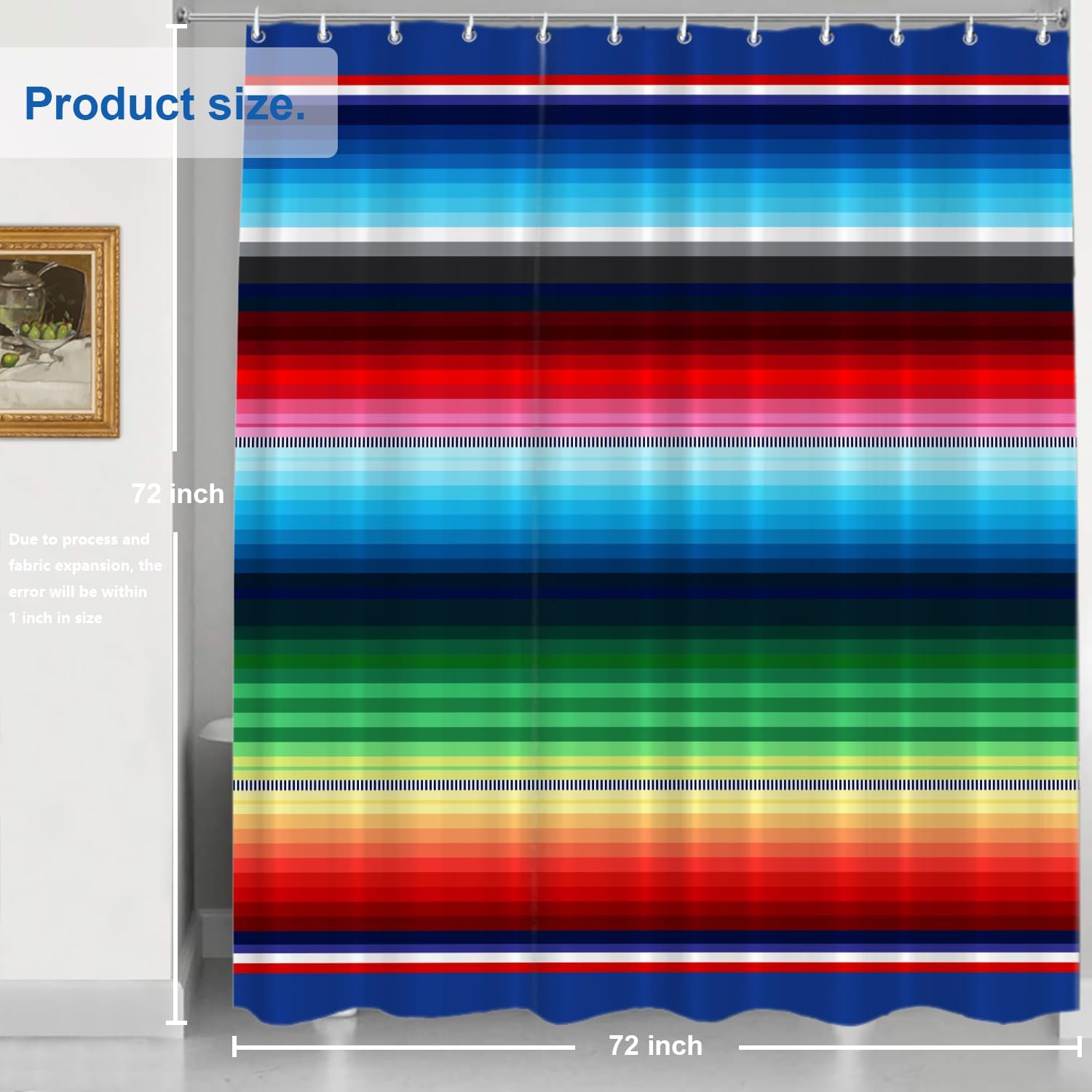 Shrahala Purplish Blue Mexican Stripes Decorative Shower Curtain, Red Ethnic Serape Bathroom Décor Polyester Fiber Waterproof with Plastic Rings for Shower Stall Bathtubs 72 x 72 in