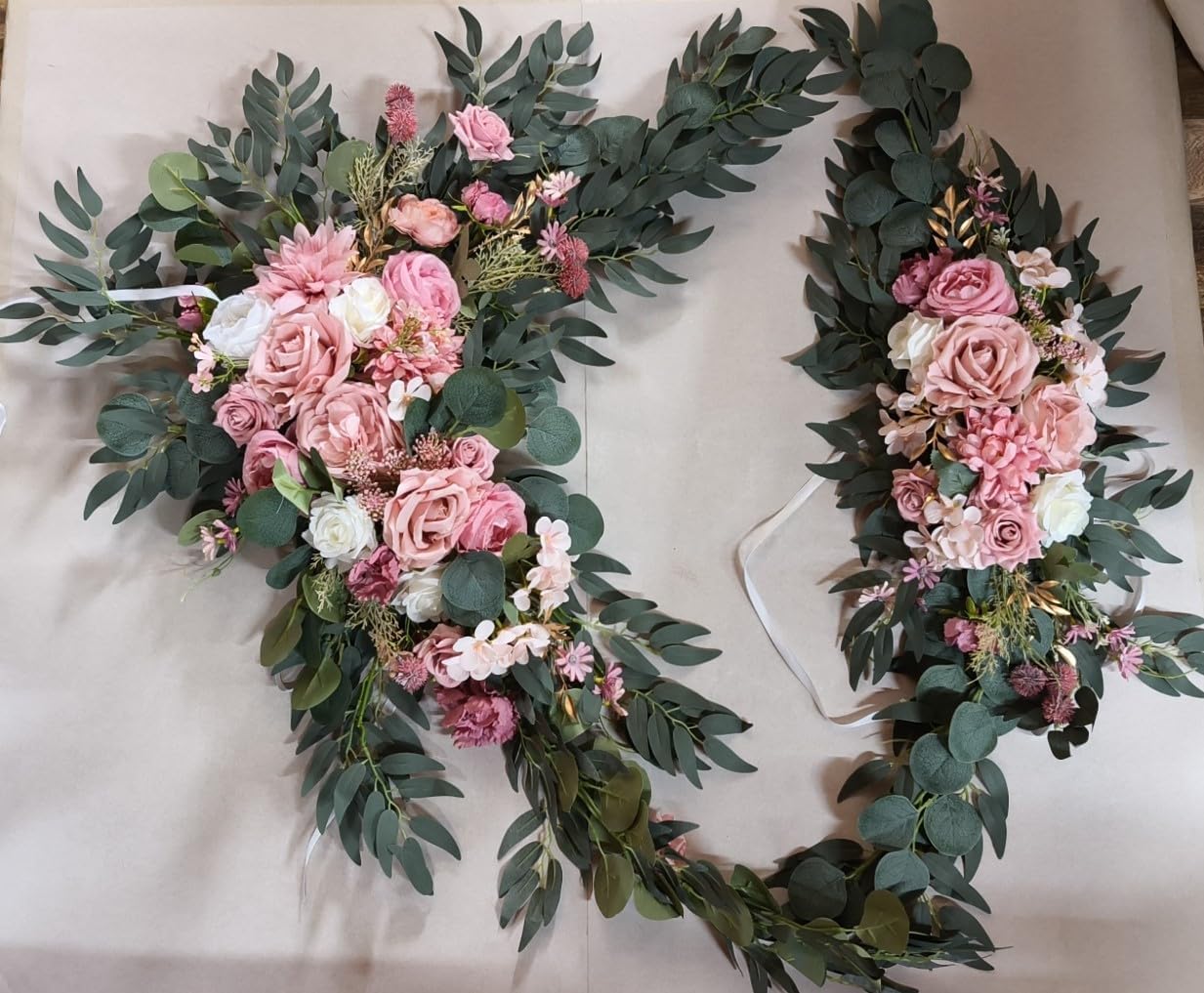 Wedding Arch Flowers with Drapes Kit (Pack of 4) - 2pcs Artificial Dusty Rose Deluxe Swag with 2pcs Sheer Drapes for Wedding Ceremony Arbor Reception Backdrop Rose Floral Decoration
