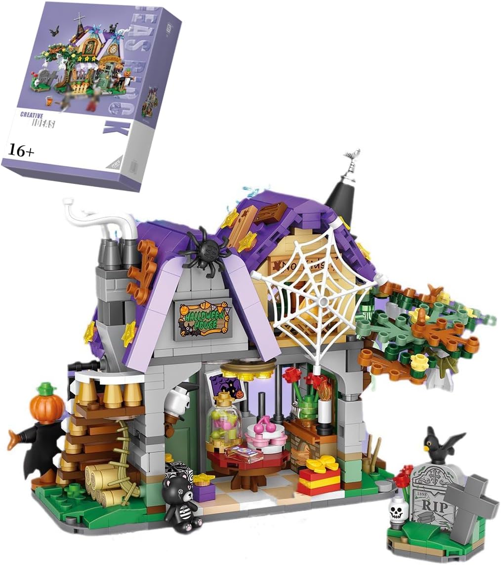 Street View Halloween Haunted House Bricks Model Set, 839Pcs DIY Halloween Pumpkin Carriage Building Block Assembly Mini Particle Construction Toy