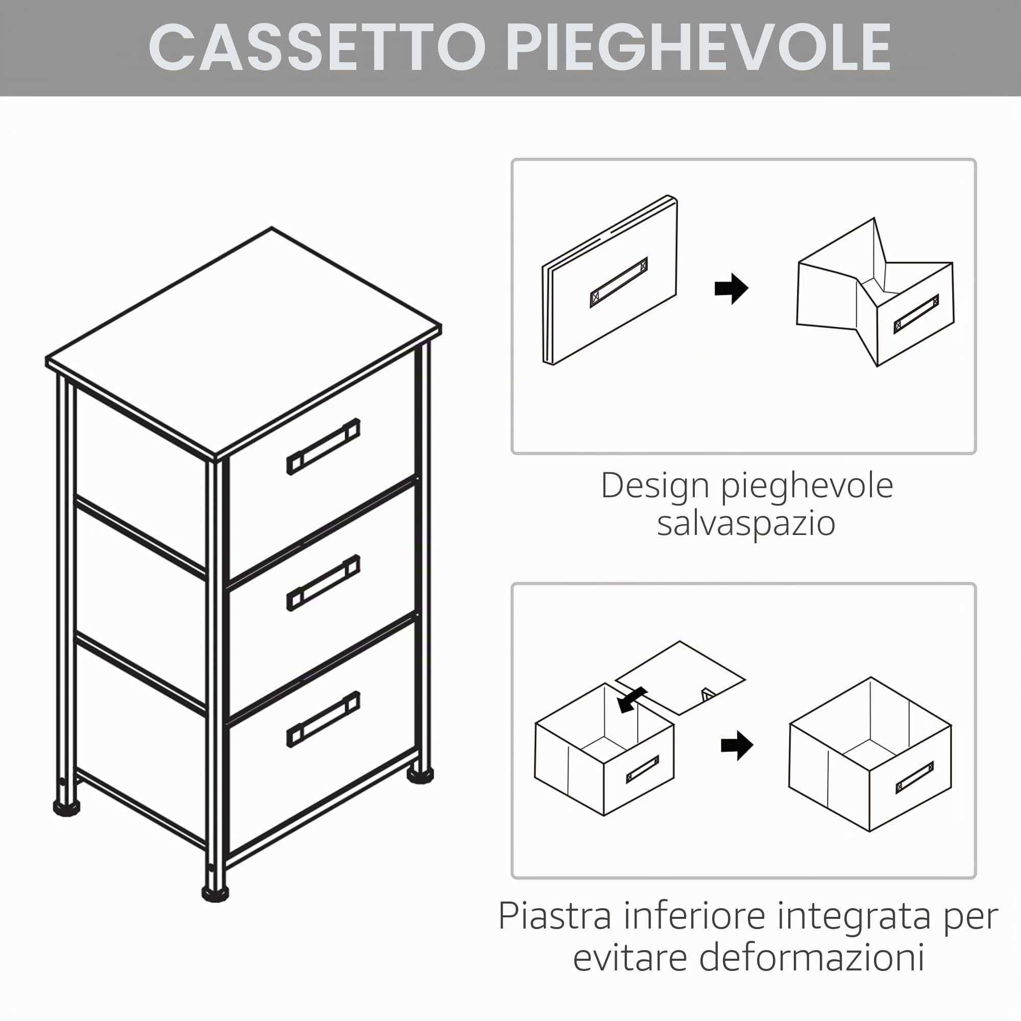 HOMCOM Cassettiera 3 cassetti telaio metallico 45x30x71cm grigio | Chiffonier, moderno contenitore, guide regolabili, cassettiera per camera da letto, soggiorno, ingresso
