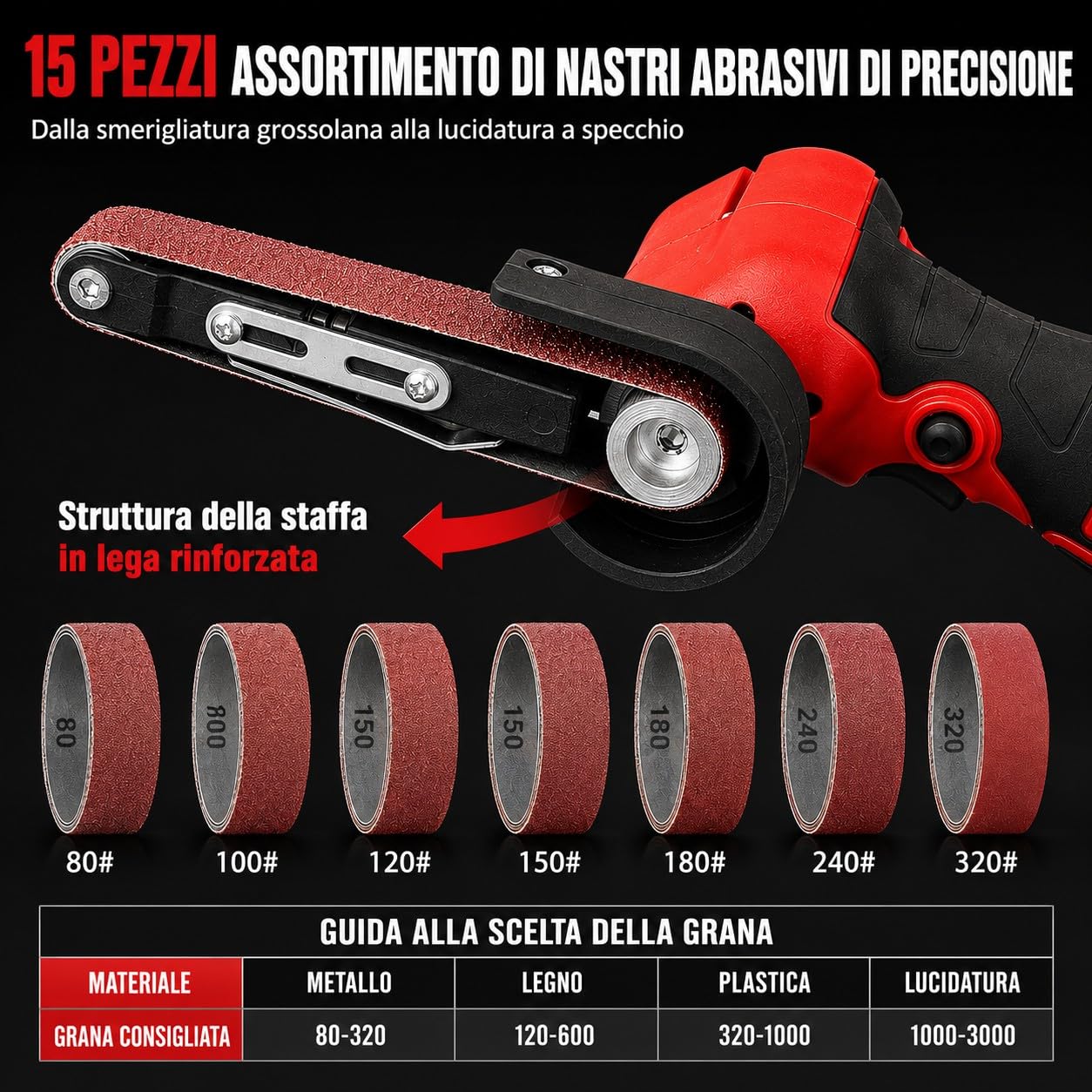 Mini Levigatrice a Nastro a Batteria 24V 10x330mm 360° con 2 Batterie 10 Nastri Abrasivi per Metallo Legno