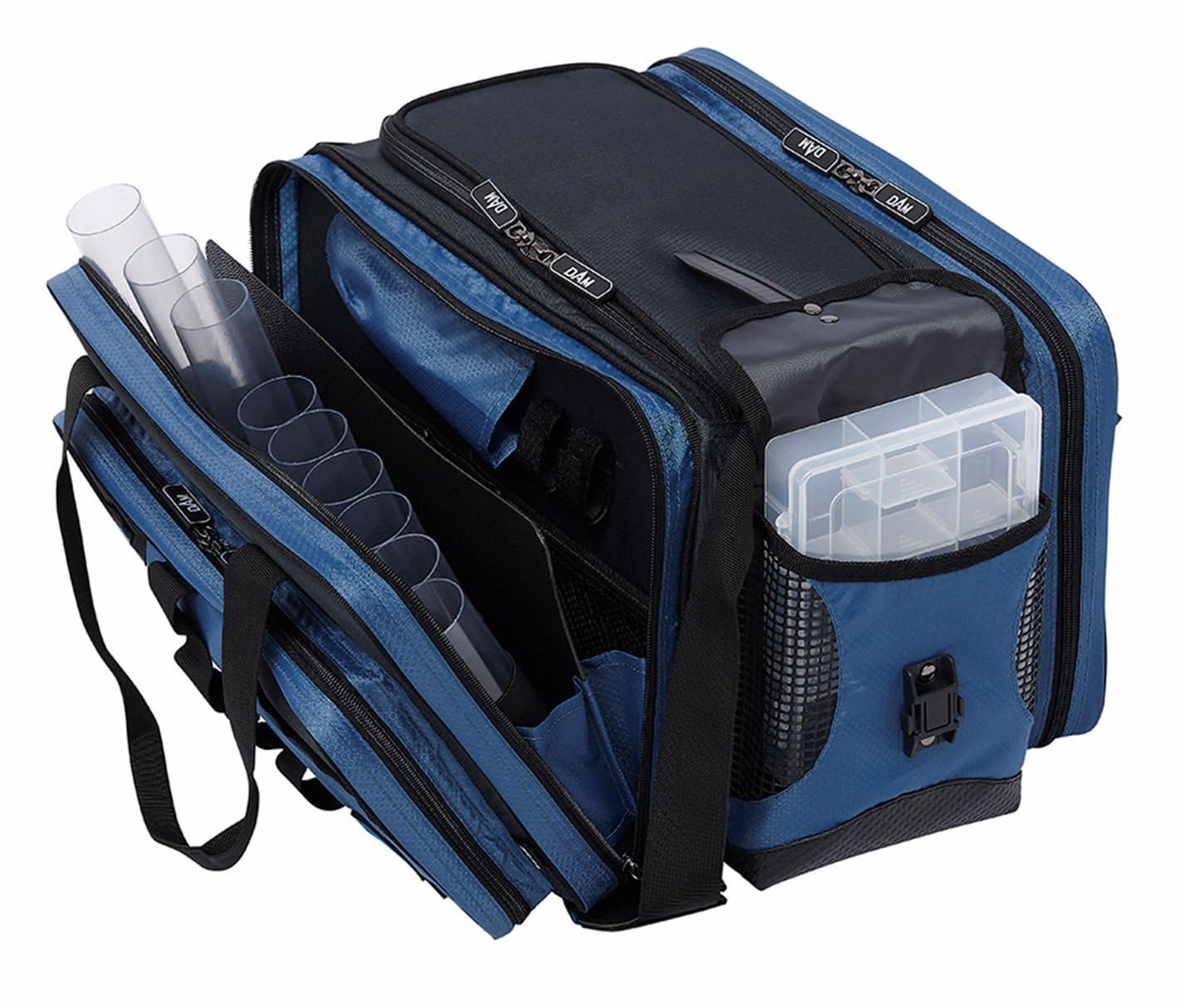 DAM STEELPOWER Blue - Pilk- und Ködertasche, 18 PVC Röhren, 2 Boxen, viele Fächer, Schultergurt, wasserfester Anti-Rutschboden, 50x35x30cm