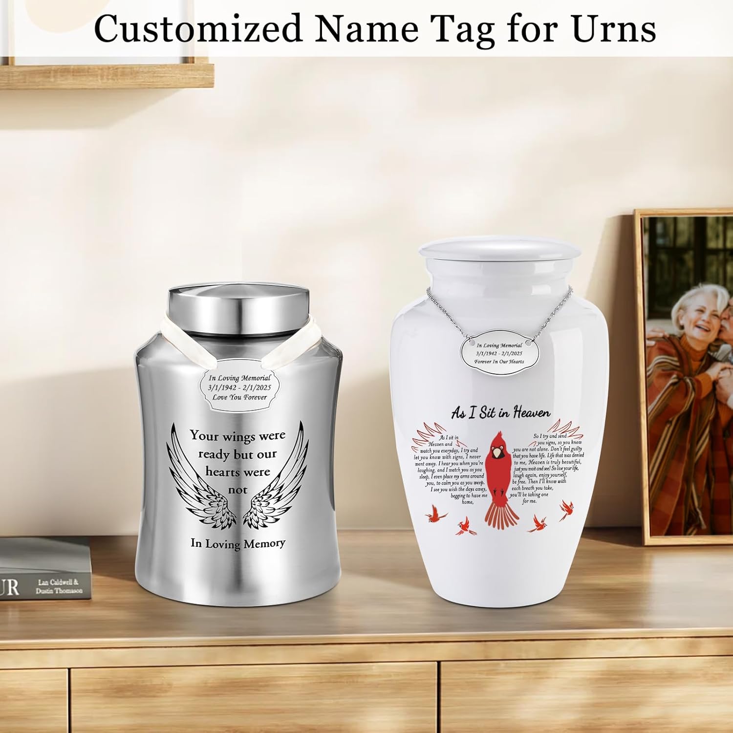 SOITIS Personalized Name Plate for Cremation Urn - Custom Engraved Stainless Steel Memorial Pendant with Chain or Ribbon - Hanging Name Tag for Human Ashes Urn