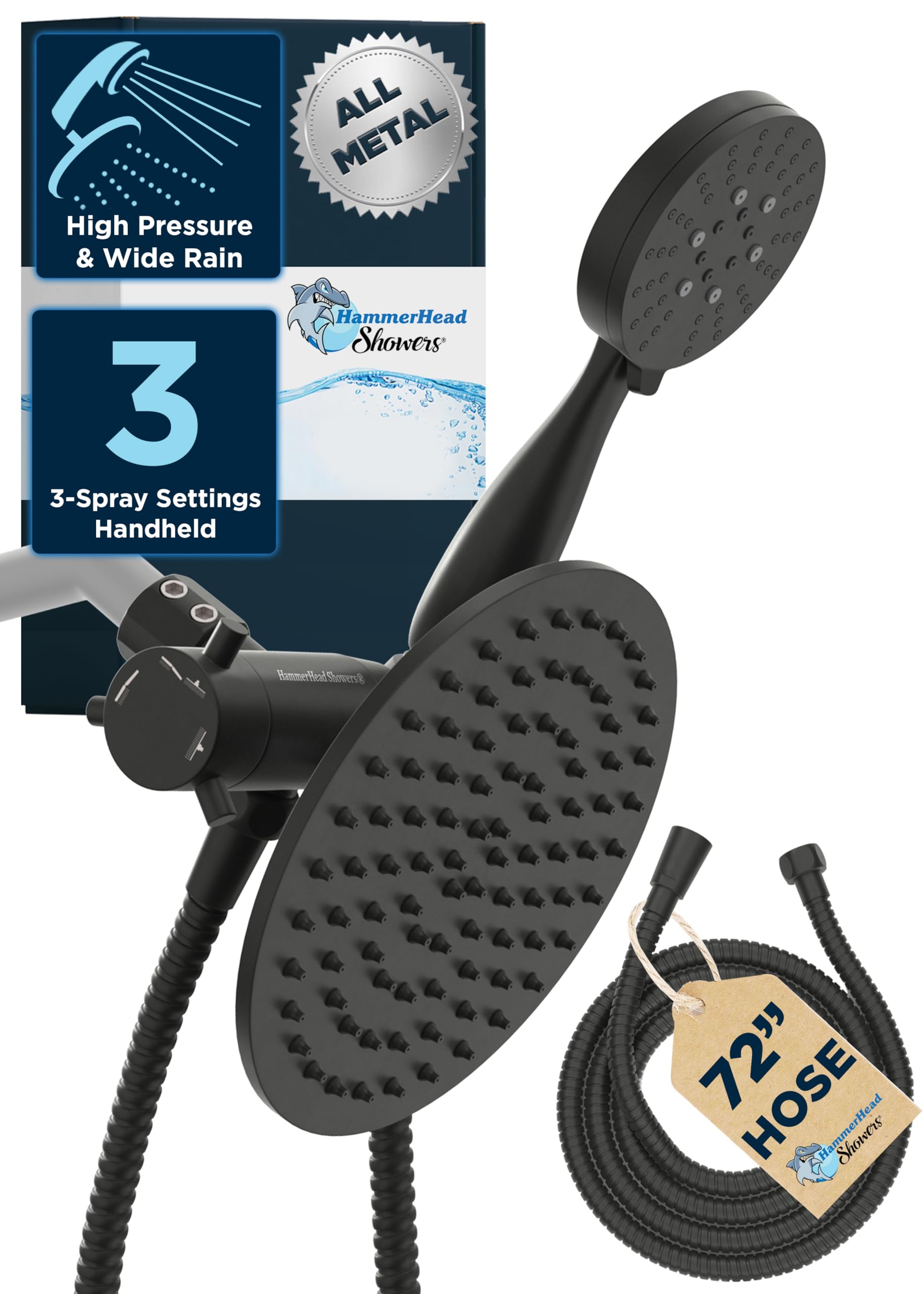 HammerHead ShowersALL METAL Dual Shower Head Combo – MATTE BLACK – 8 Inch Rainfall High Flow Shower Head & 3-Flow Handheld Shower Head High Pressure with Hose 6ft - Luxury Double Shower Heads