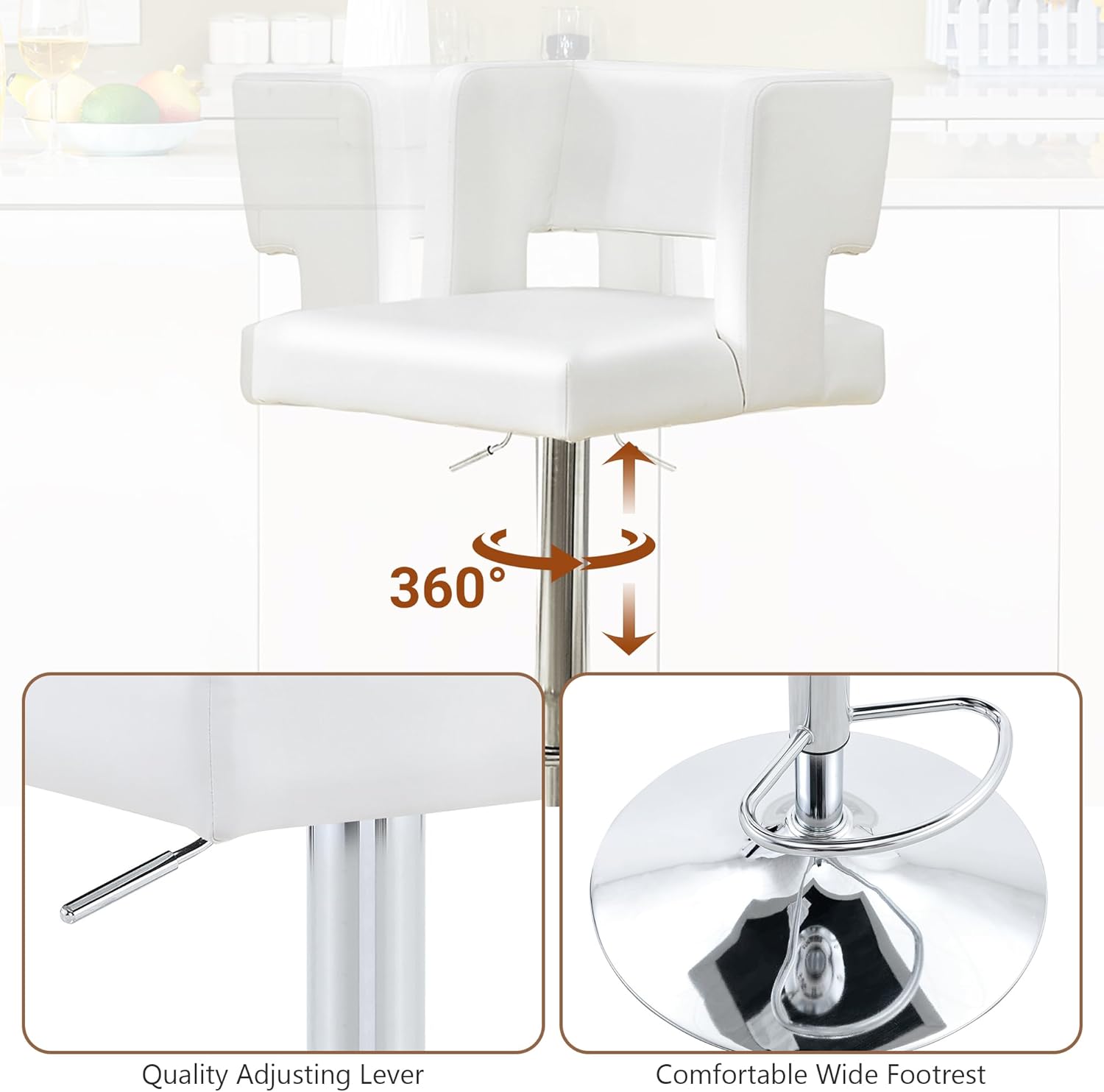 Swivel Bar Stools Set of 4 with Square Back, 26-34 inch Adjustable Faux Leather Counter Height Barstools with Footrest, Modern Upholstered Bar Chair for Kitchen Island/Pub, White & Silver Legs