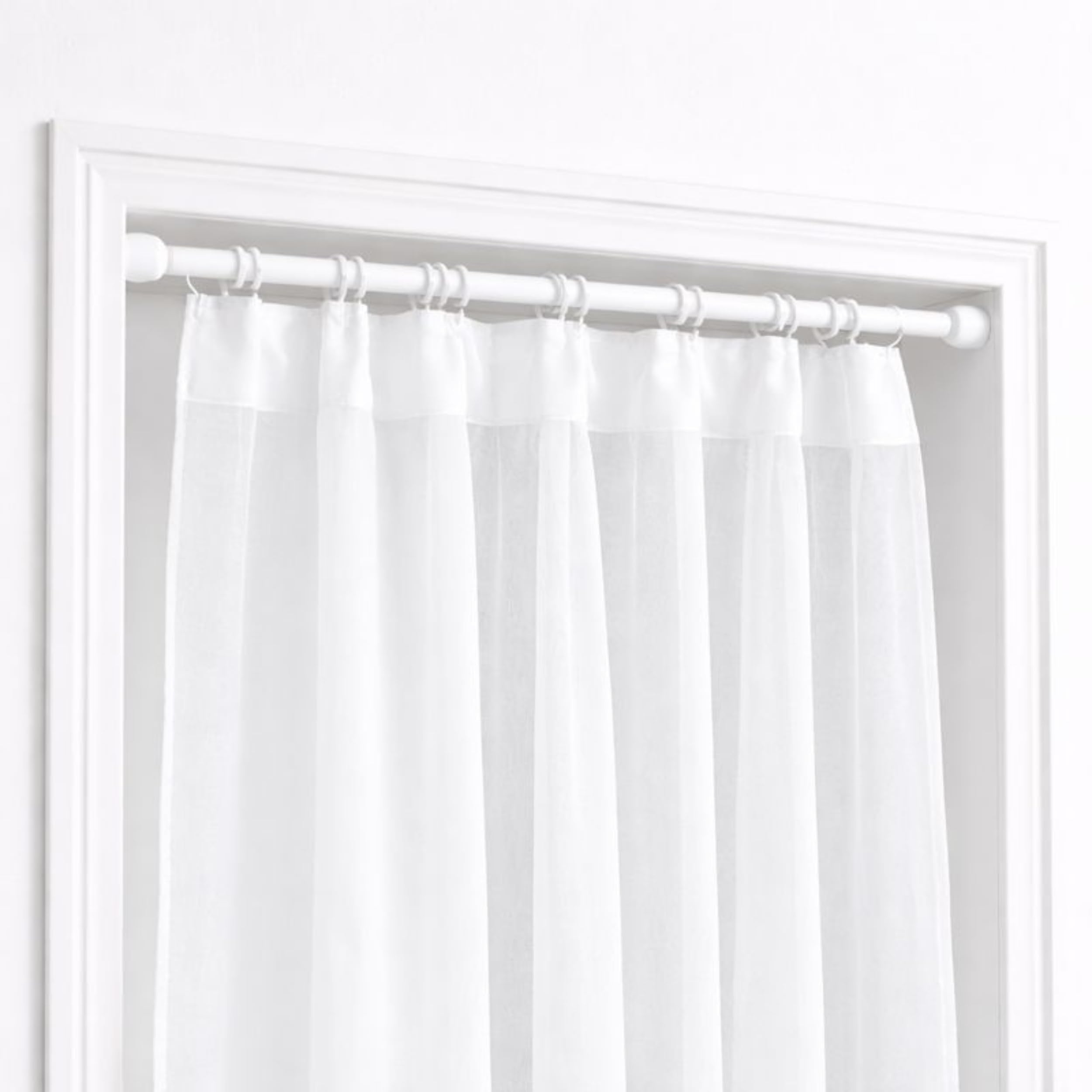PARENCE – Varilla telescópica metálica de cortina de ducha blanca 70–120 cm – sin agujero – fijación de presión – Ø tubo 20 mm/Ø tapa final 32 mm