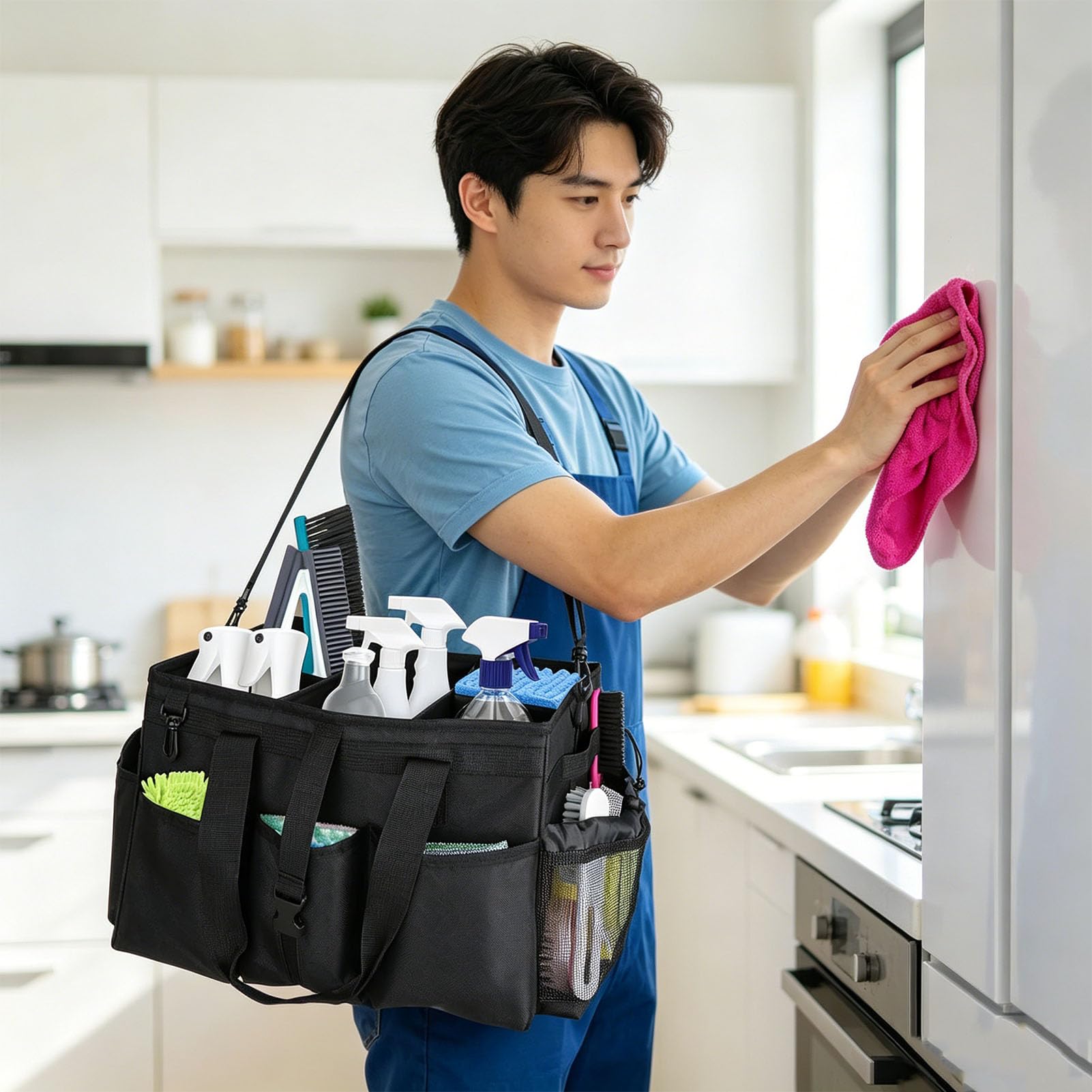 Luocute Bolsa de Limpieza, Organizador de Suministros de Limpieza Portátil con Asa, Correa de Hombro Ajustable, Divisores Extraíbles, para Amas de Casa, Lavado de Autos, del Hogar
