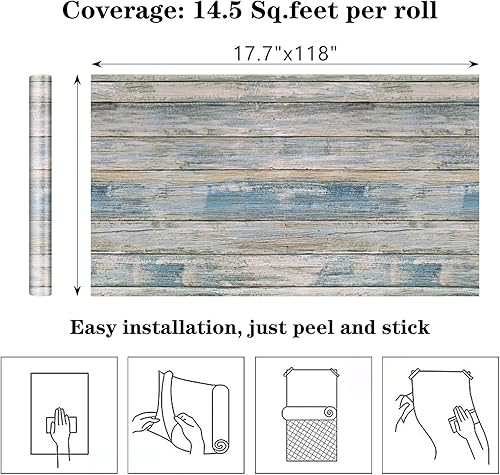 Miniatura 6 de Papel tapiz azul para despegar y pegar, papel de contacto azul, madera envejecida, película de vinilo extraíble autoadhesiva para armarios, paredes,