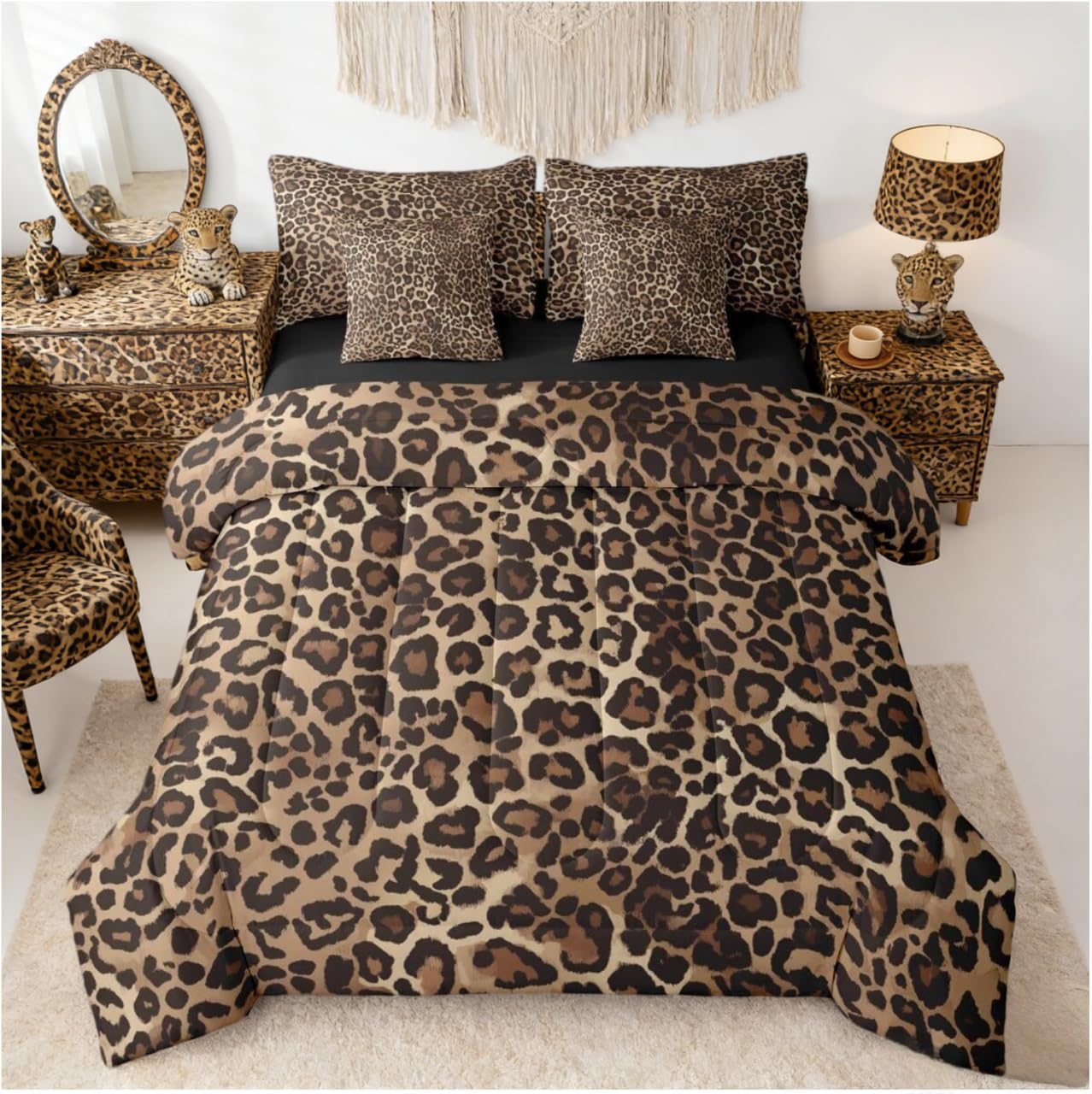 Erosebridal Leopard Print 7 Piece Bedding Set Queen Cheetah Decor Comforter Set with Sheets Geometric Modern Bed in A Bag African Safari Animal Bed Sets with 2 Pillowcases, 2 Throw Pillow Covers
