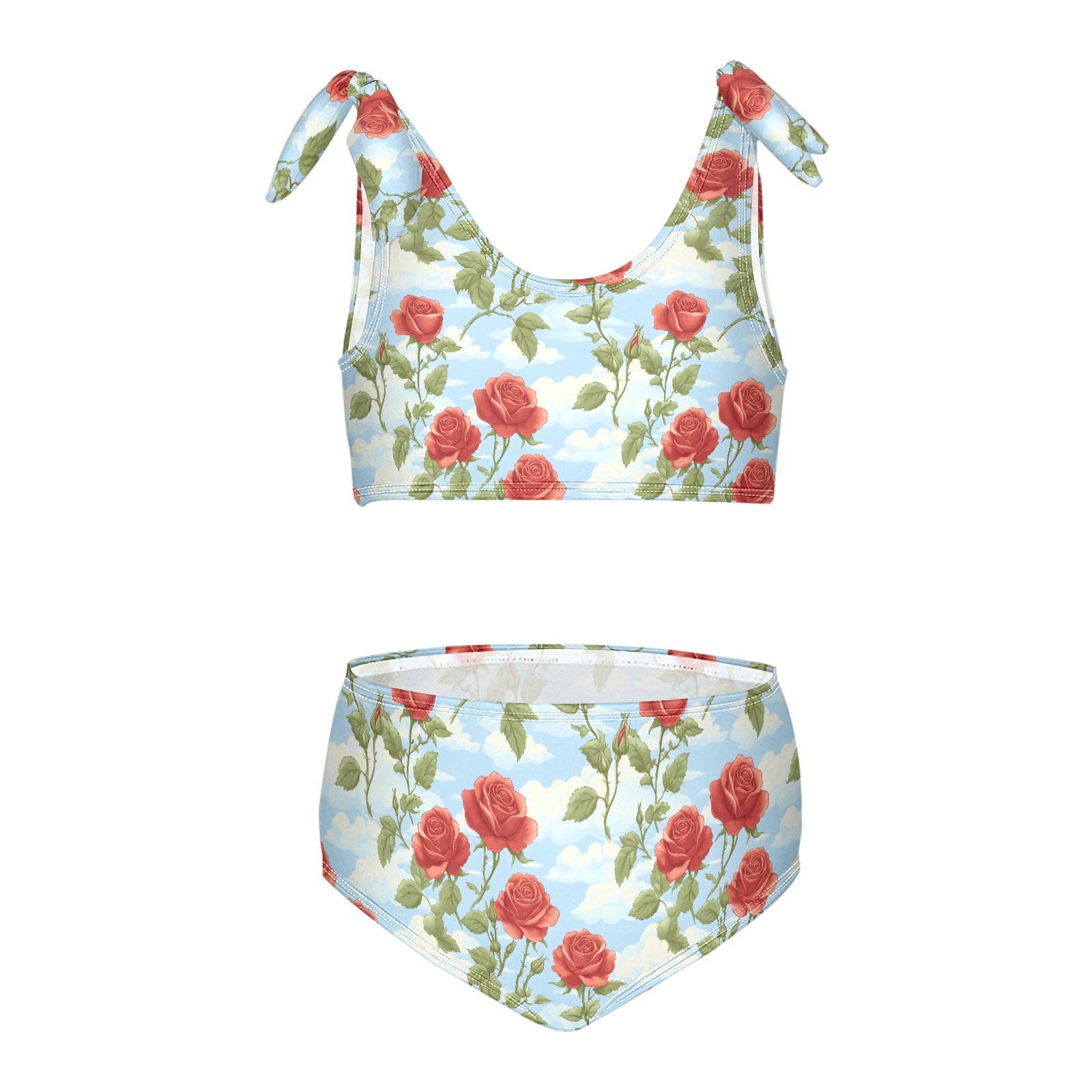 Red Rose with Green Leaves Girls Two Piece Tankini Swimsuits Summer Bathing Suit Beach Swimwear Set, 4T