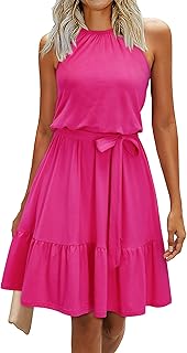 Womens 2026 Summer Dress Halter Wedding Guest Casual Beach Vacation Outfits Belted Sundresses with Pockets