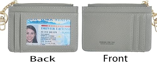 Miniatura 3 de Cartera de cuero delgado minimalista con bolsillo frontal para mujer con ventana de identificación y llavero, Gris, Simple