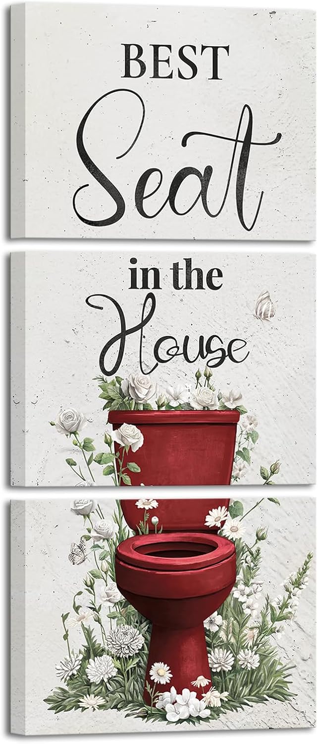 sechars Best Seat in the House Wall Art Funny Bathroom Signs Pictures Painting Modern Red Bathroom Wall Decor (Red)