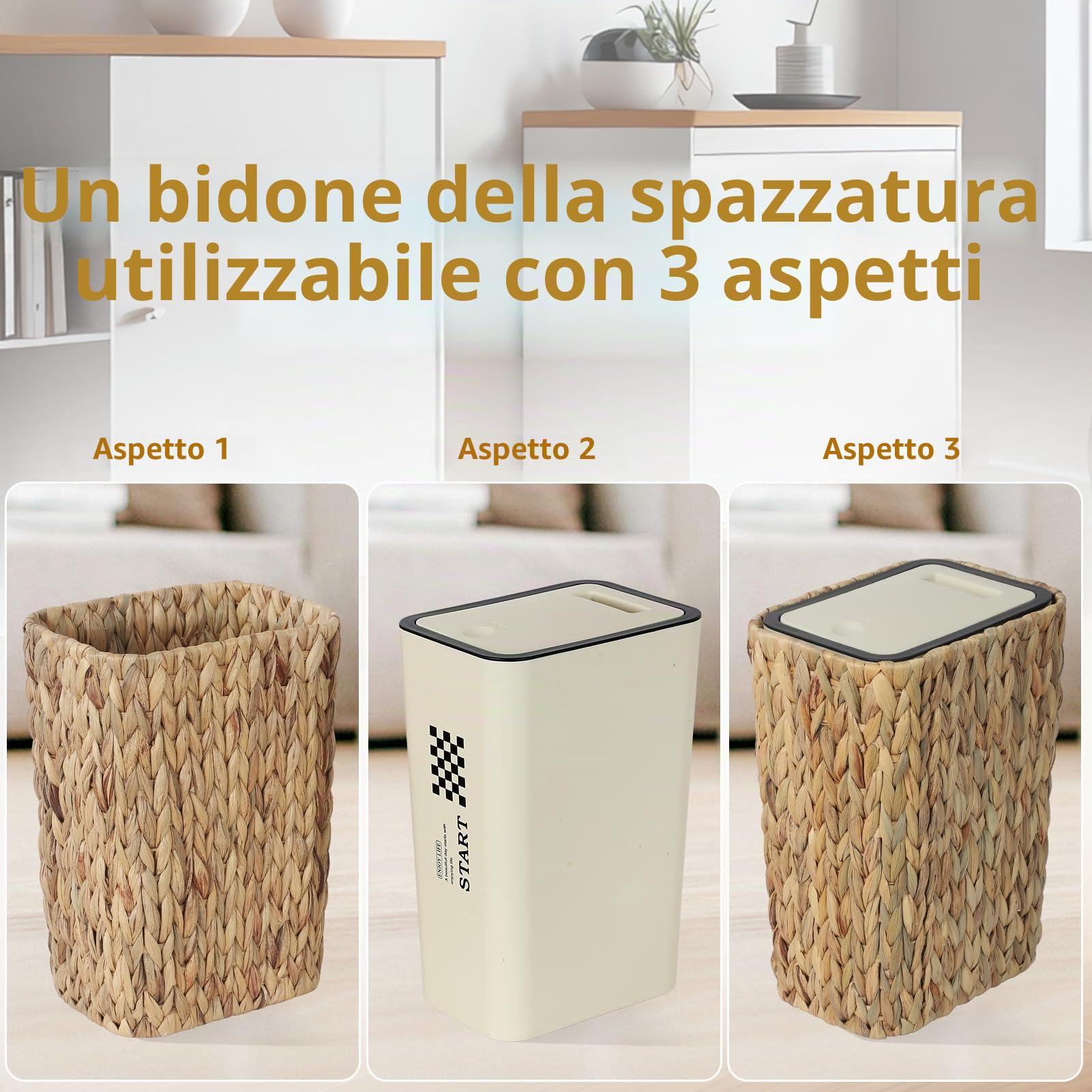 Cestino da Cucina Boho 12 Litri con Coperchio a Scomparsa, 2 in 1 in Rattan per Spazzatura, Piccolo per Bagno e Ufficio - Beige