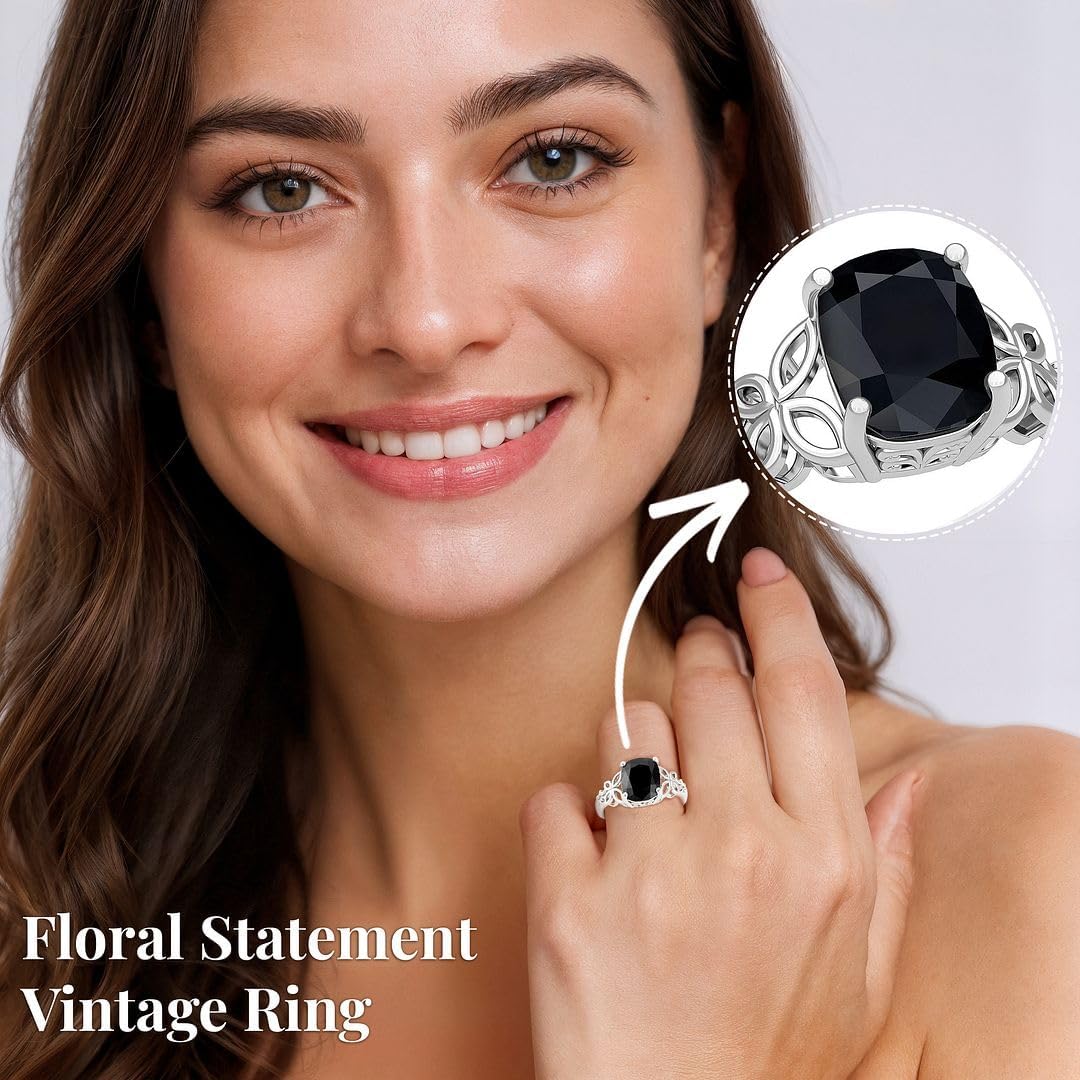 Black Tourmaline Ring in 925 Sterling Silver - October Birthstone Rings for Women - Engagement Promise Floral Statement Vintage Solitaire Tourmaline Jewelry Gifts for Womens - Image 5