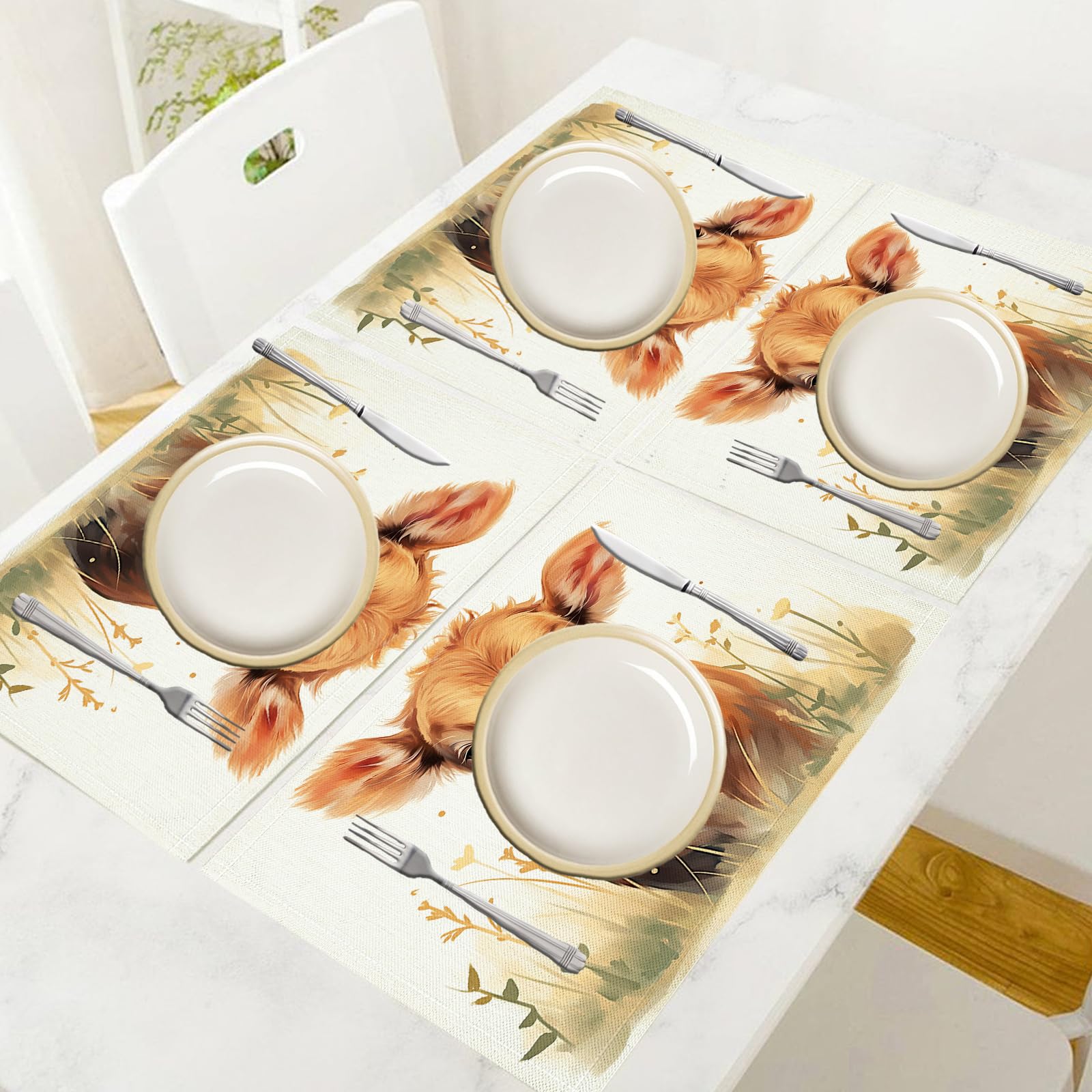 Pack de 8 Table Dessin animé en Coton et Lin, Set de décoration de Table 30×45cm pour événements, Mariage, Anniversaire, dîner, café, Cuisine, (Veau des prairies)