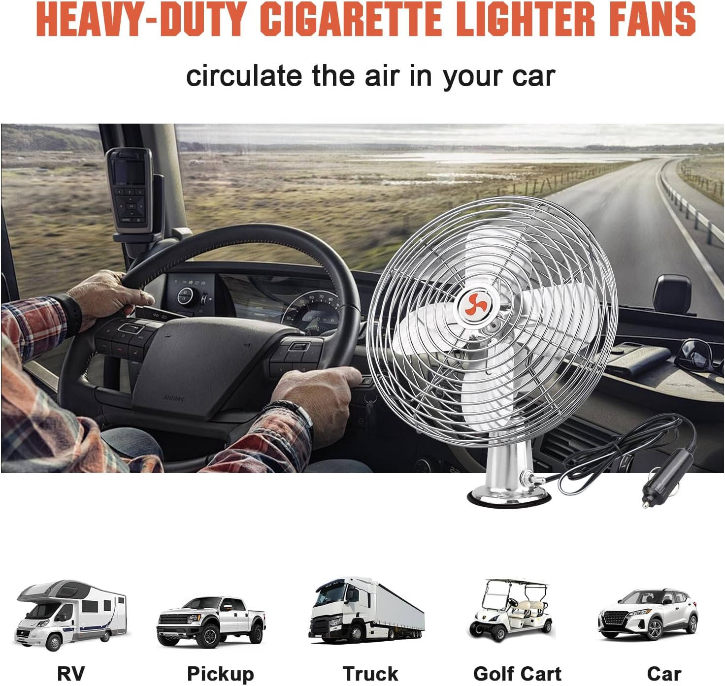 12V Fan RV|Truck Cooling Heavy Duty 8" Metal Car Fan Bus|Boat|Forklift|Car|Camper|Lawn|Mower|Tractor 2-Speed Silver