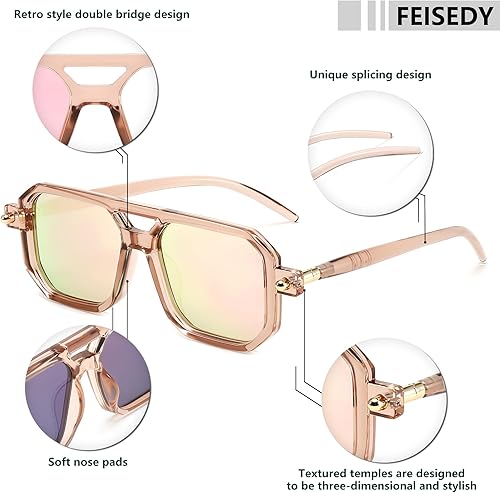 Miniatura 50 de Feisedy - B2622 - Lentes de sol estilo aviador, cuadrados, clásicos de los años 70, unisex, con montura clásica retro y elegante, UV400 Marco