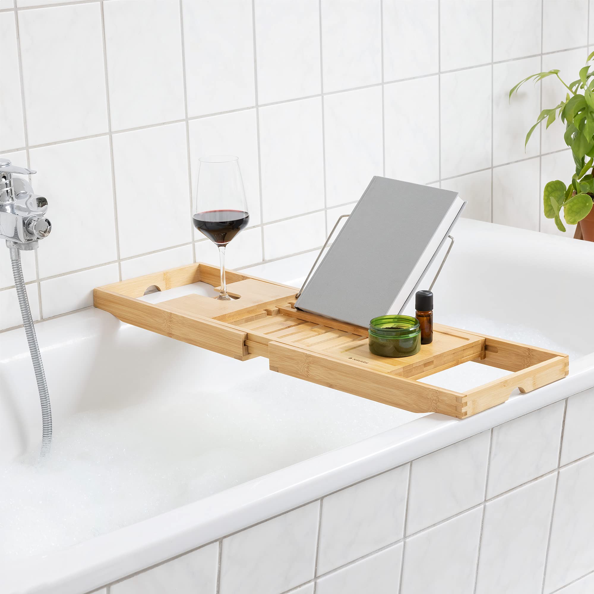 Navaris Pont de Baignoire Bambou - Plateau de Bain Extensible 70-104 cm avec Support Rangement Tablette Livre téléphone Verre de vin Bougie