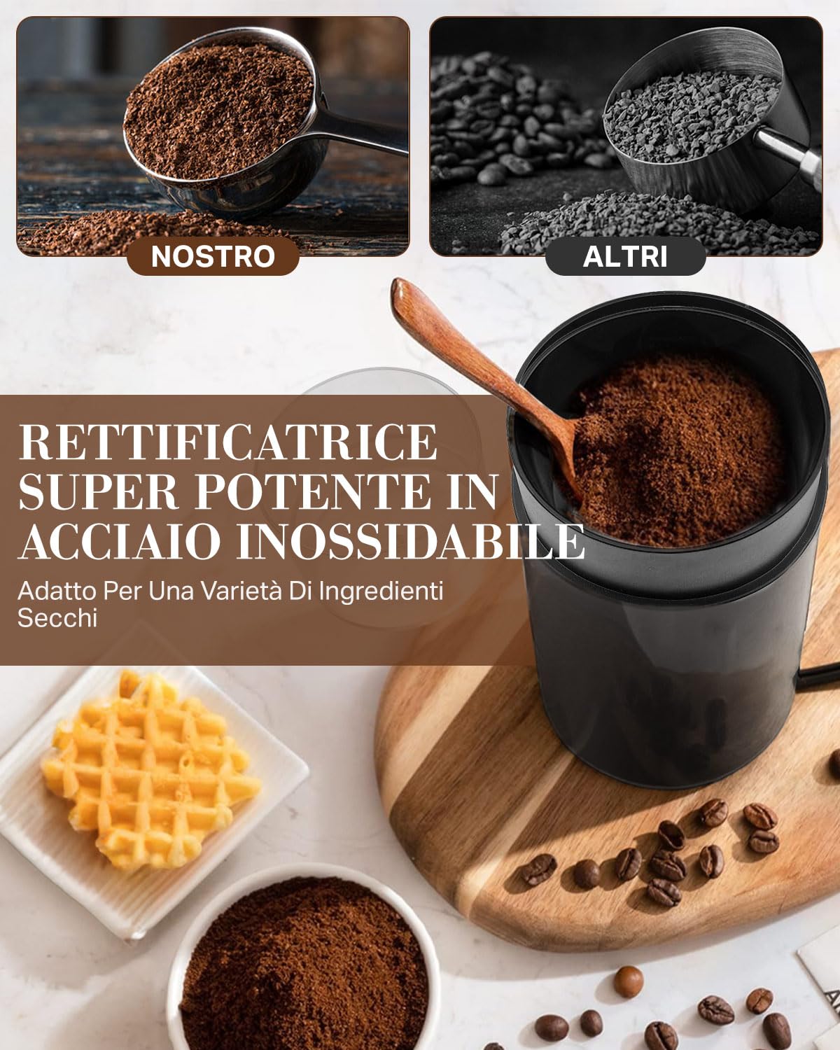 Maxesla Macina Caffè, Macinacaffè Elettrico, Macinatore di Spezie Silenzioso, Mulino da Caffè One Touch, Utilizzato per Fagioli, Spezie con Spazzola Pulita, Acciaio Inossidabile, HB-180-IT