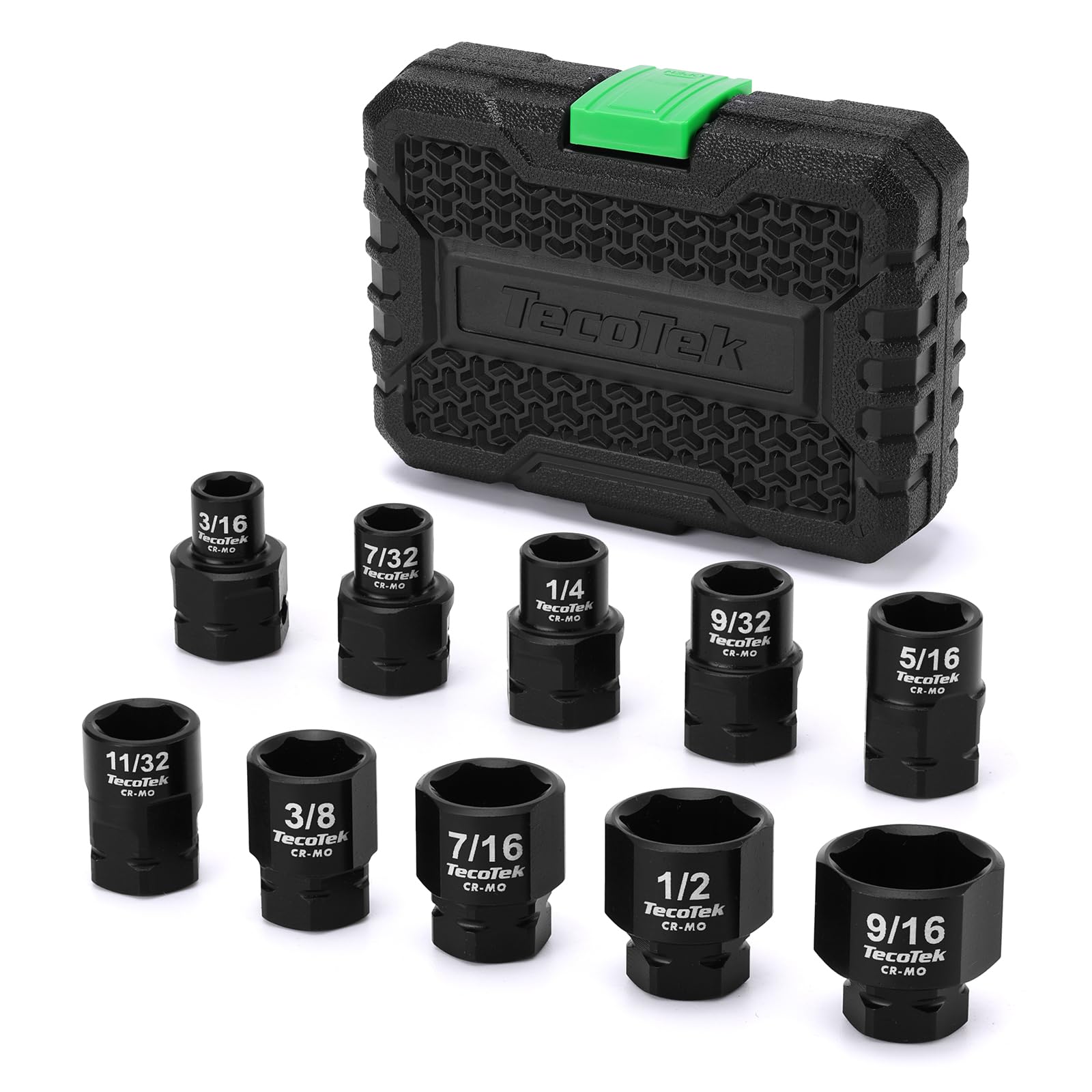 TecoTek 10-Piece 1/4-Inch Drive SAE Low Profile Impact Socket Set, Stubby Socket Set, 3/16" to 9/16", No Skips Sizes, 6 Point, Cr-Mo, Shorter Socket for Tight Areas