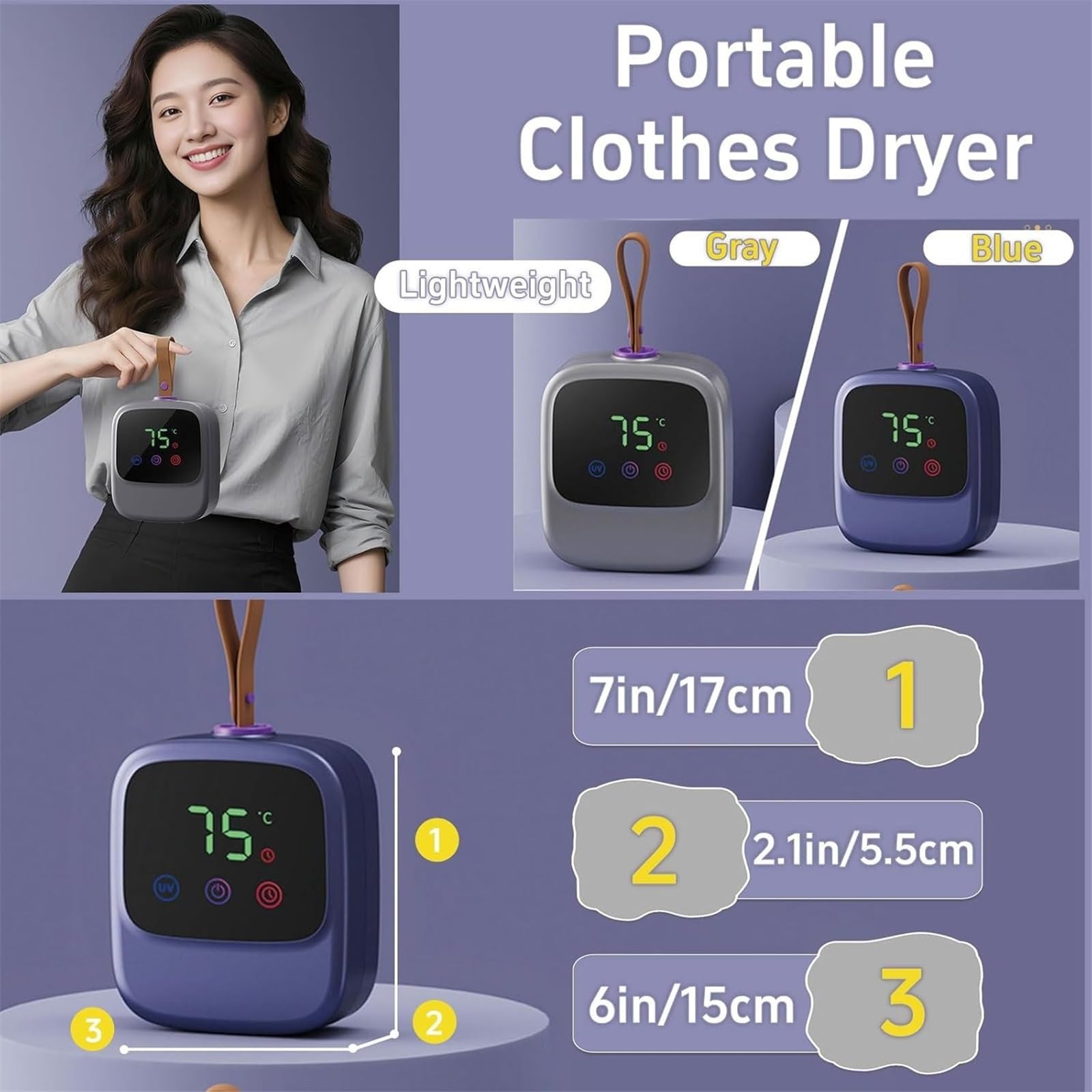 Kompakter, faltbarer tragbarer Wäschetrockner, elektrischer Mini-Wäschetrockner mit Trockenbeutel, ideal for Reisen, Wohnmobil, Haus und Wohnung, Blau(Gray)
