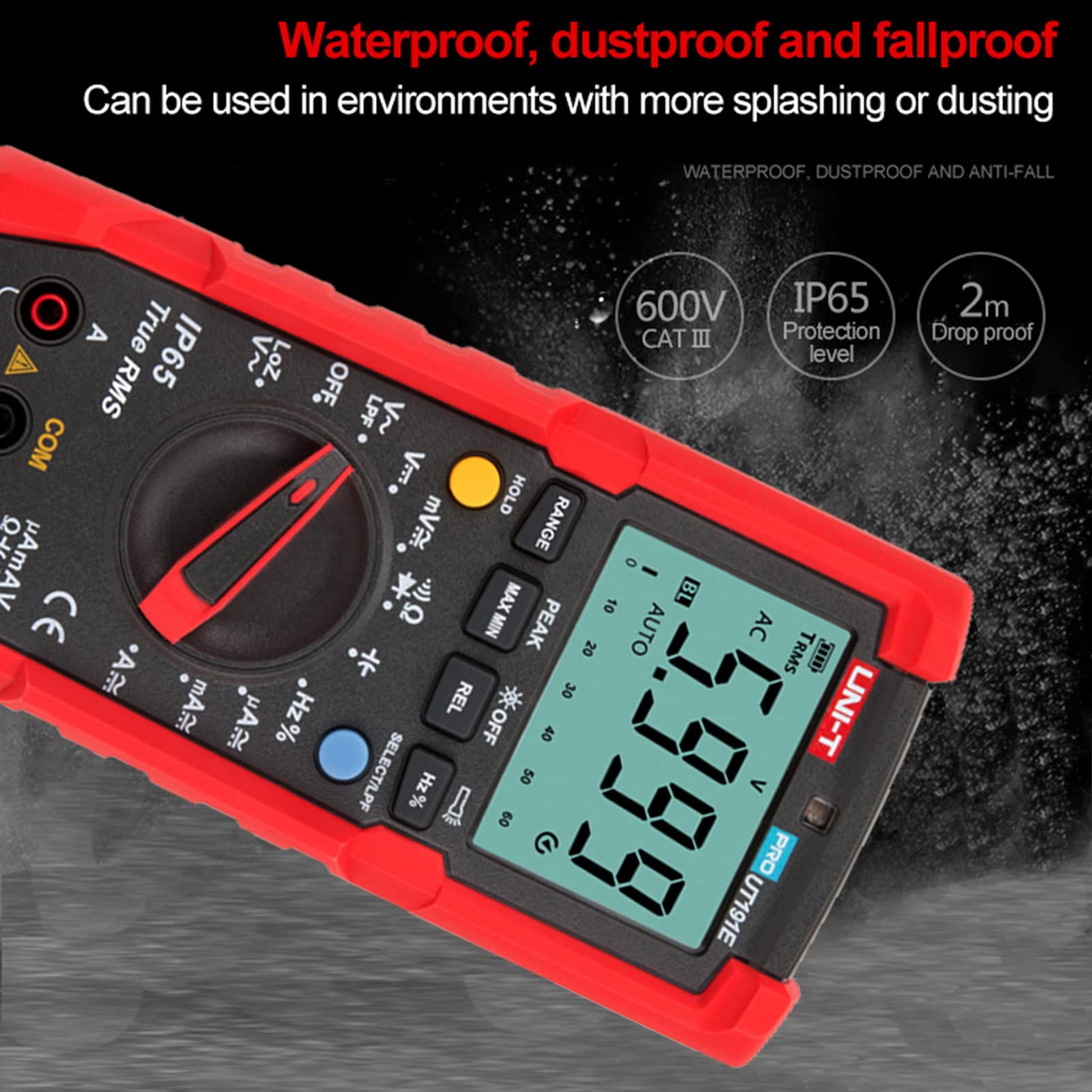 UNI-T UT191T Multimetro Professionale IP65, 600V AC/DC, 20A, 10Hz-1MHz, -40°C-400°C/-40°F-752°F