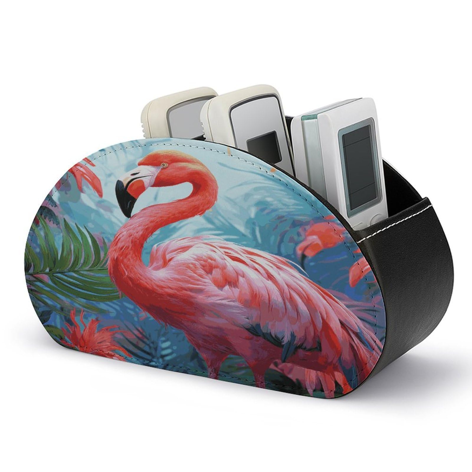 FekiLoot Painted Flamingo Remote Control Holder, PU Leather Remote Control Organizer Box Stationery Remote Control Box Desk Storage Organizer for DVDs,Glasses,Pens,Media Players