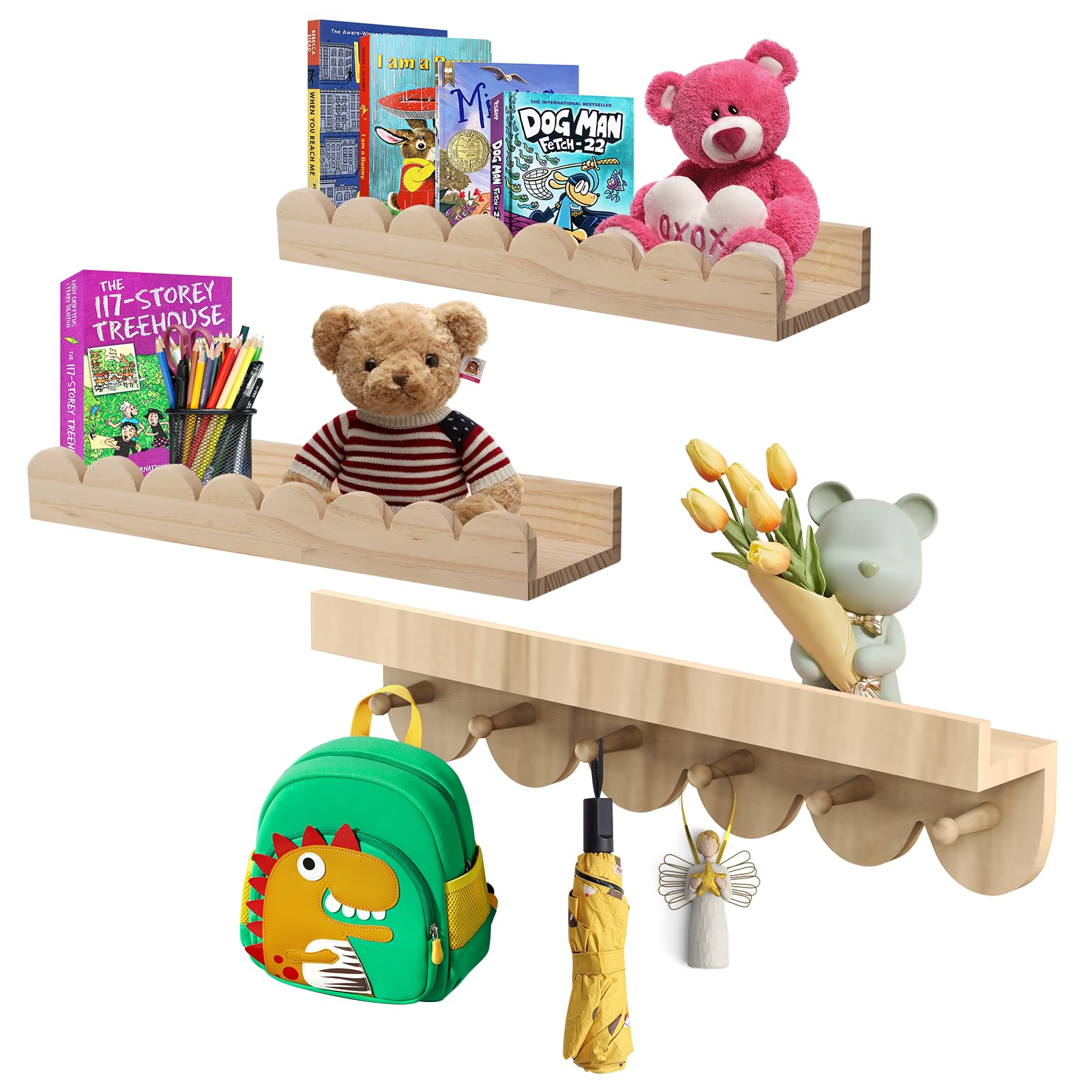 Emooncn Wooden Nursery Book Shelves with Round Hooks,Set of 3 Nursery Shelves Baby Floating Shelves Book Shelf Toys Storage Organizer Wall Bookshelf for Kids Bedroom Living Room,Easy to Hang