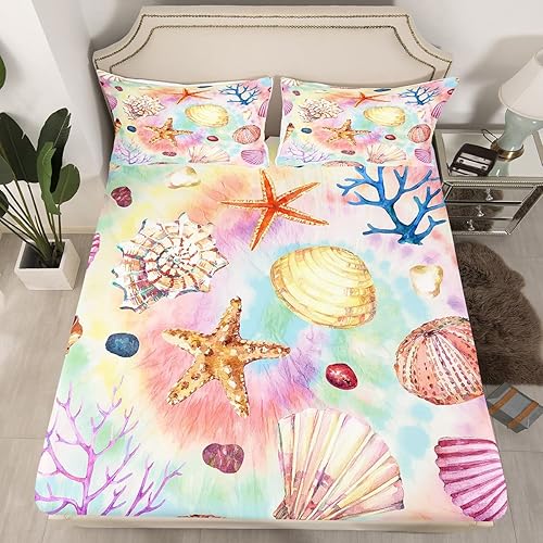 Sábanas de playa de verano, sábana bajera ajustable con temática oceánica tamaño individual para niños, lindas sábanas de conchas y estrellas de