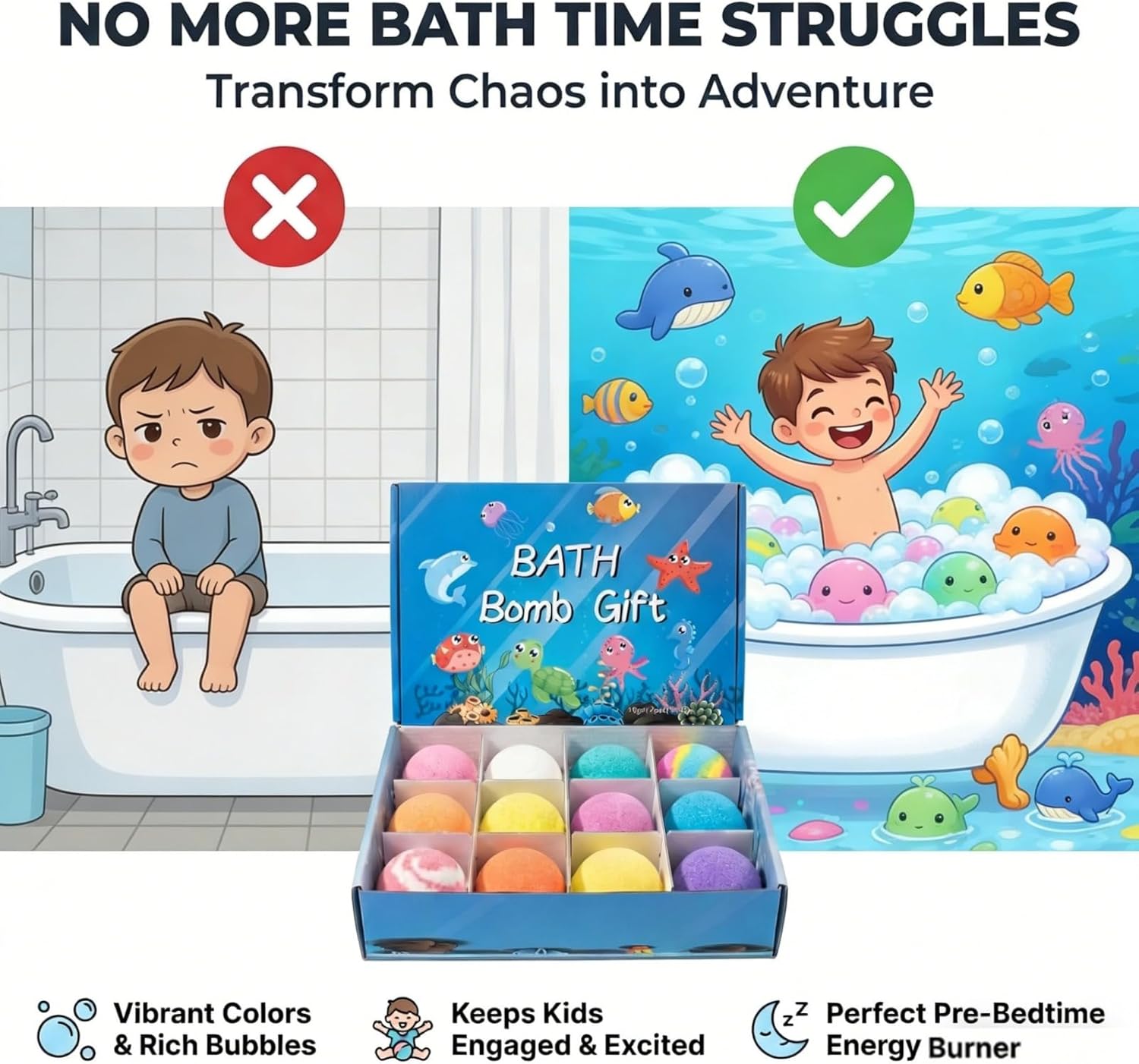 Natural Bath Bombs for Kids, Bath Bomb with Surprise Inside, 12-Pack Surprise Bath Bombs for Kids, Ocean Theme Bathes Fizzies Natural Sea Salt Color Changing Spa Bathing Balls (A 1PC)