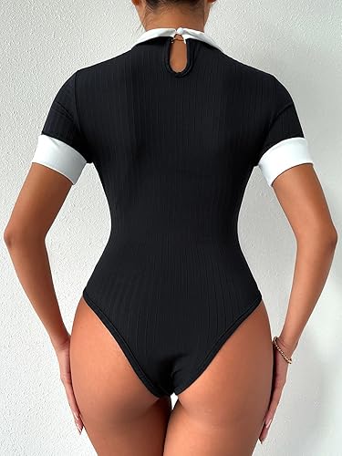 Vista 2 de Verdusa Body ajustado de manga corta con cuello acanalado y bloque de color para mujer