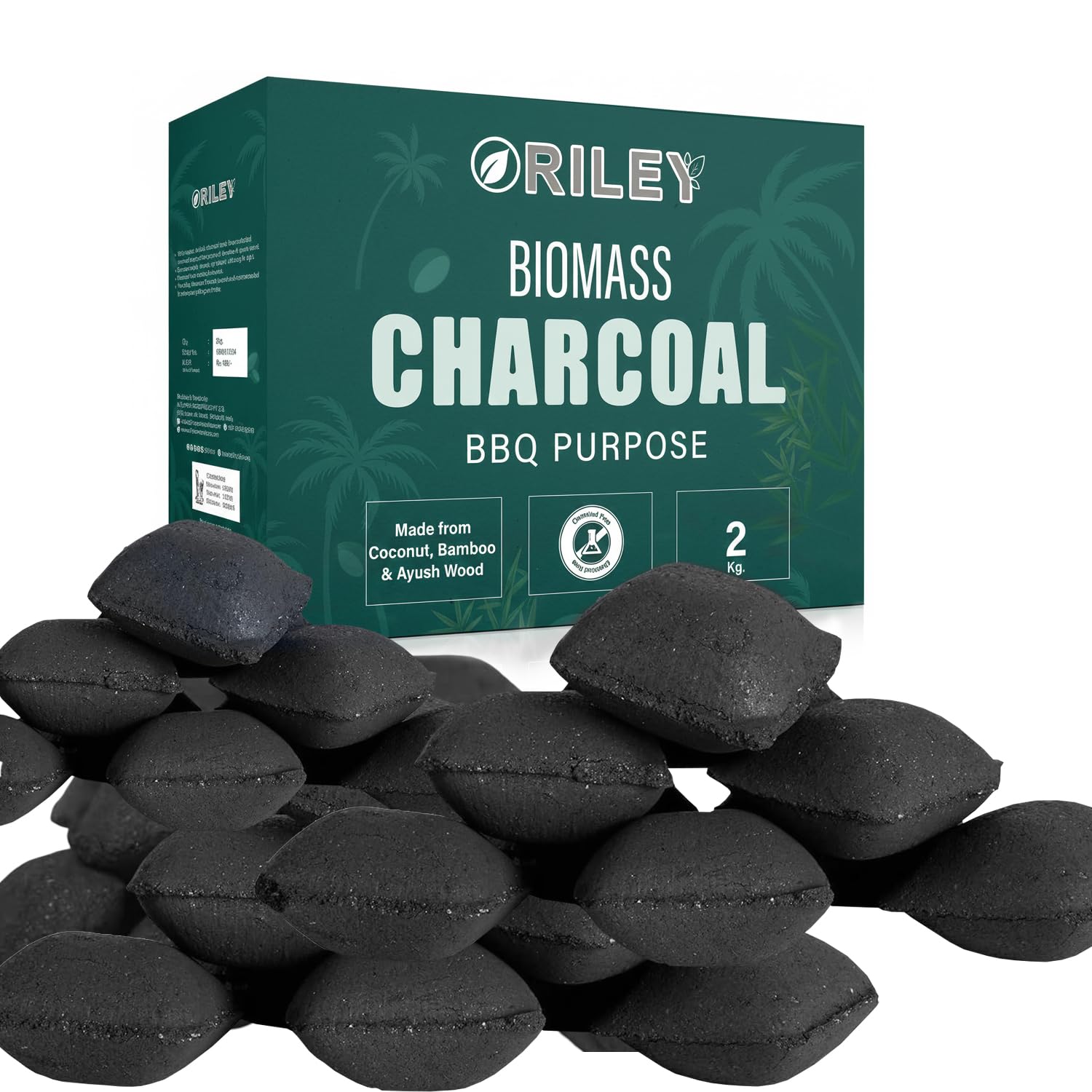 Oriley Coconut Shell Charcoal Long Lasting Zero Smoke Barbeque Tandoor Koila BBQ Cubes Briquette Coal Koyla for Outdoor Cooking Angeethi Used in Garden, Home & Kitchen (2Kg)