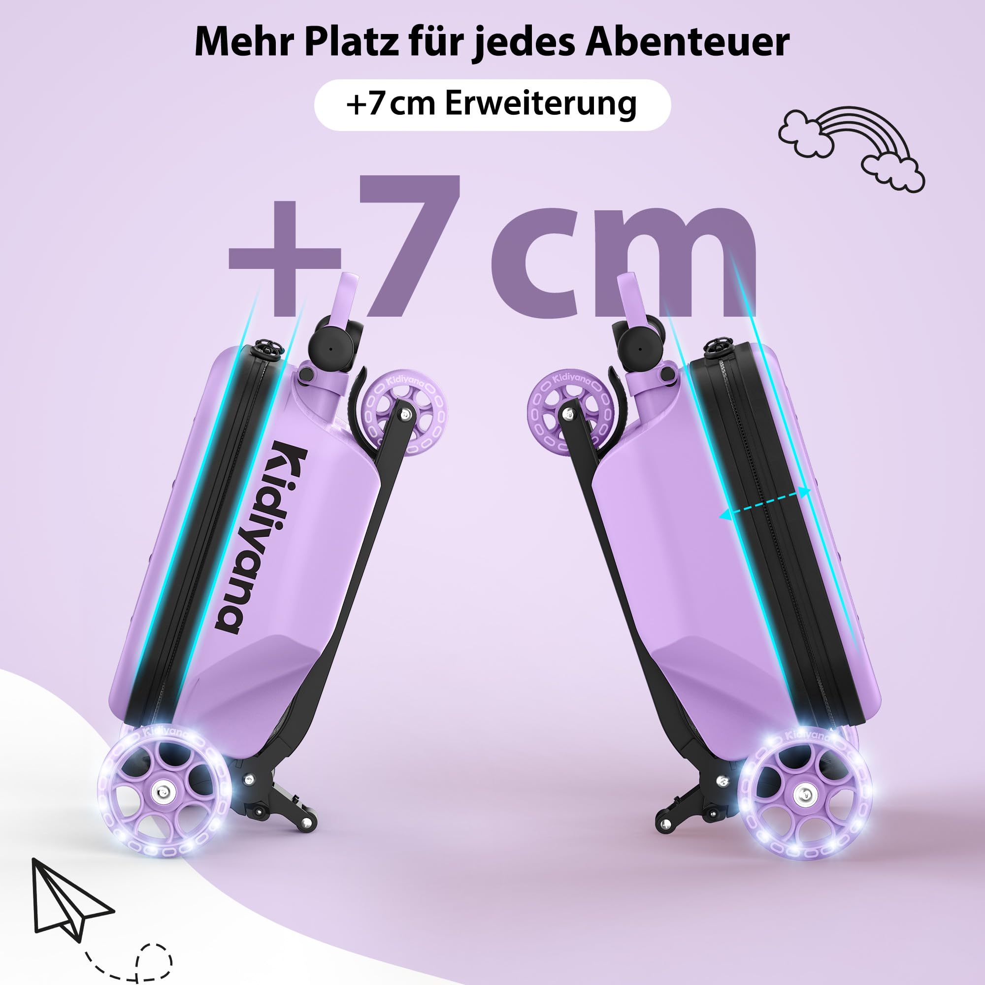 Monopattino per Bambini con Valigia, Valigia a Mano con Monopattino, Ruote LED, Manubri Regolabile in Altezza, Finestra di Visualizzazione A5, Estensione di Archiviazione da 7 cm / Regalo per Bambini