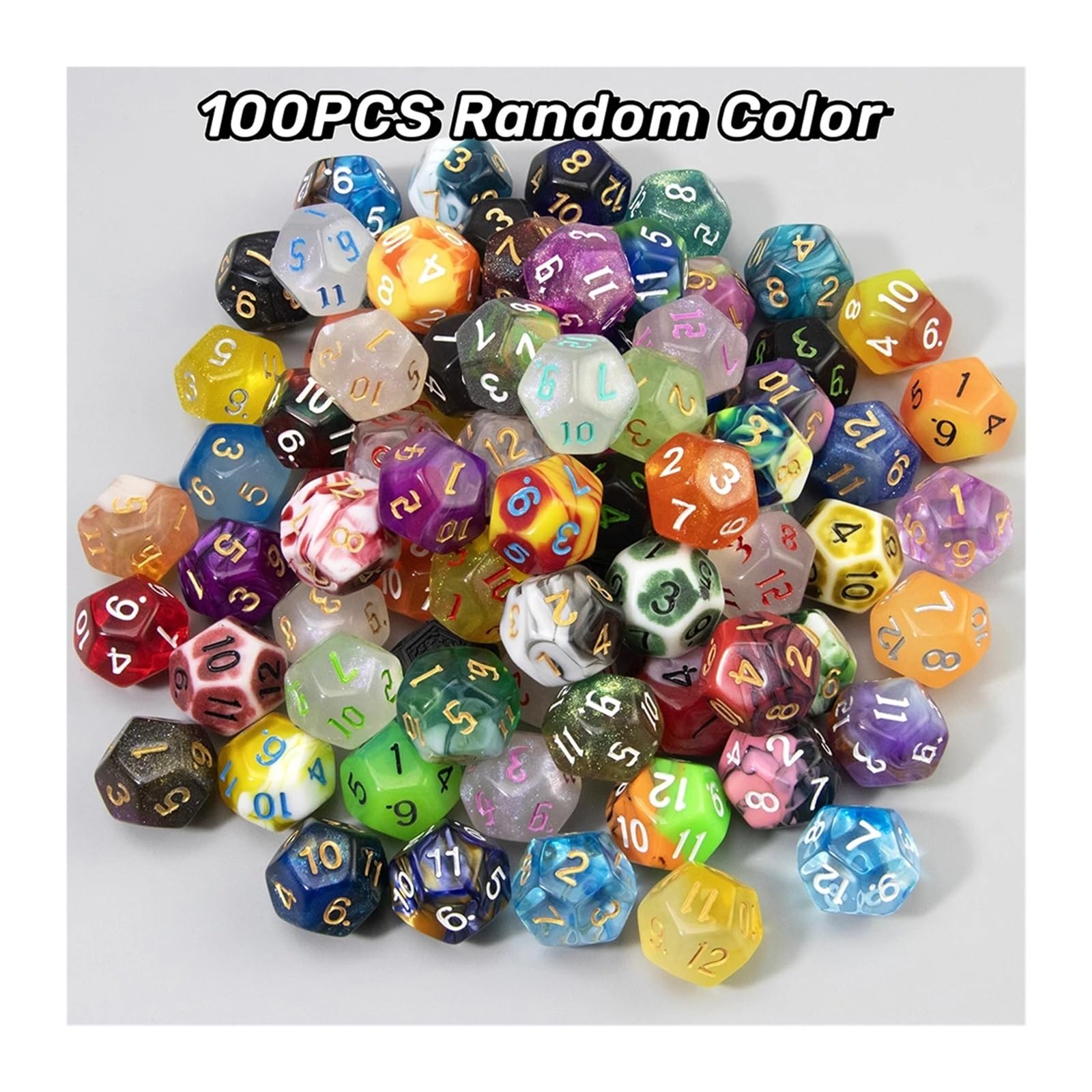 100 sztuk losowych kolorowych wielościennych kostek D4-D20 kostki do gry dla zabawnych przyjaciół na imprezę planszową do gier rozrywkowych(D12 Random Color)