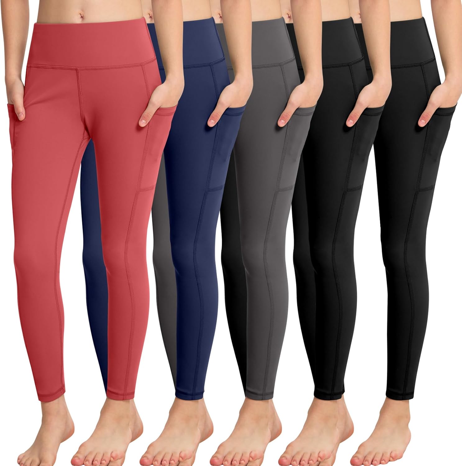 CHRLEISURE Girls' Athletic Leggings with Pockets, 5 Packs Kids Teen Dance Yoga Workout Running Pants for 5-15 Years
