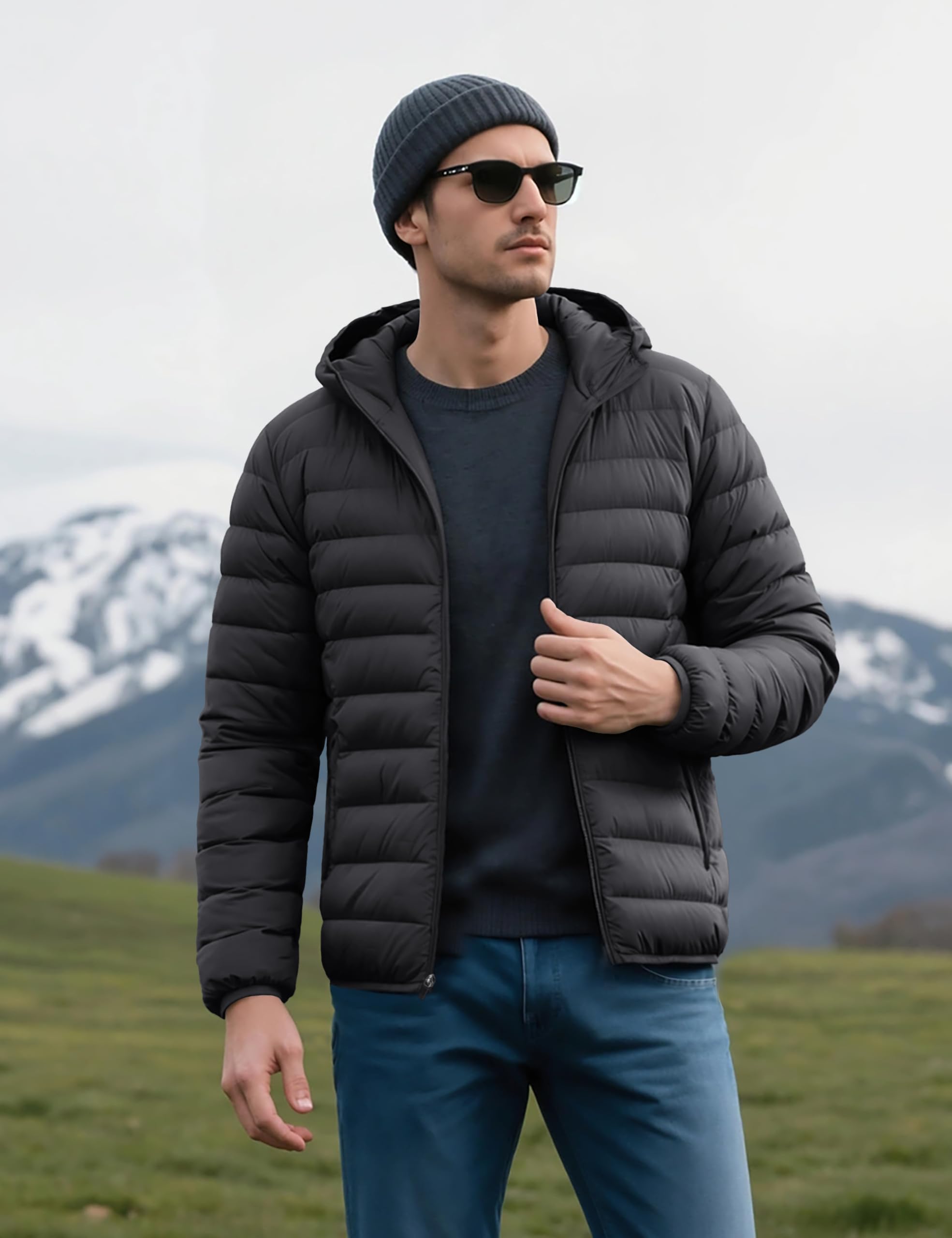 MAGCOMSEN Men's Lightweight Puffer Jacket Hooded Full Zip Water-Resistant Quilted Lined Winter Coats, Black, Large 1