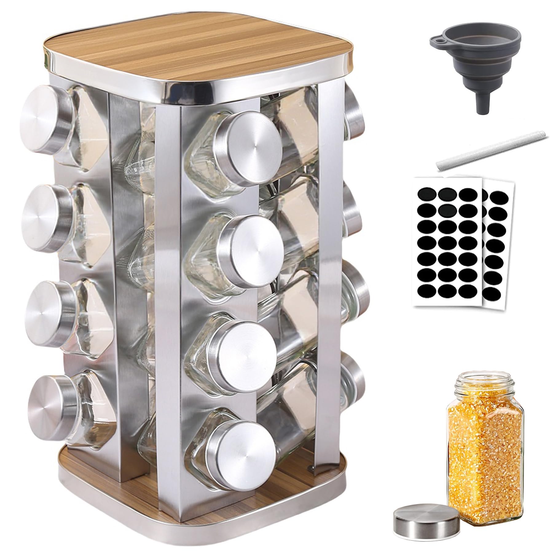 Amalan Eu Silver Star Kitchen | 430Stainless Steel Spice Organiser - 16 Jars Rotatable Carousel Spice Turntable For Kitchen Worktop