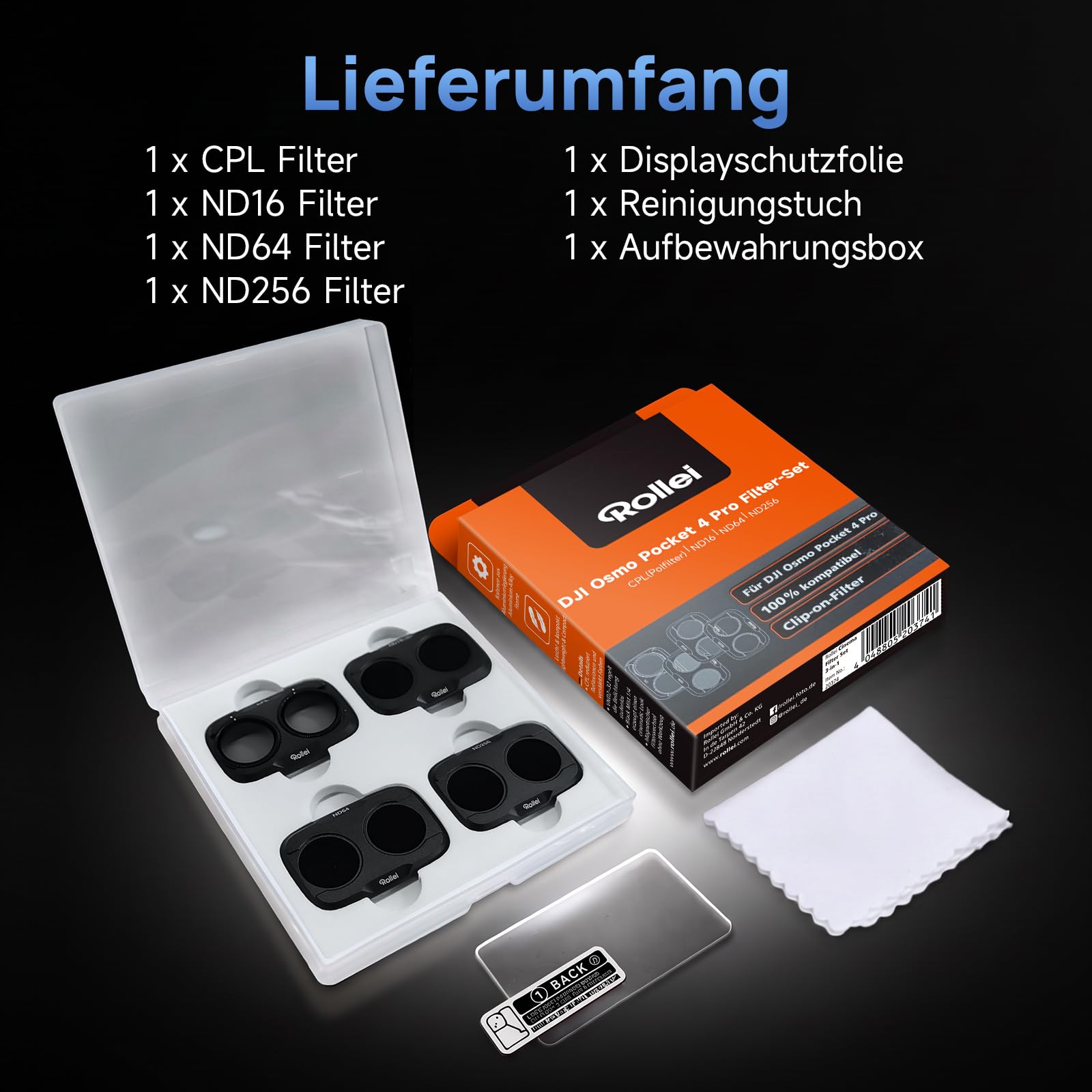 Rollei 4er ND Filter Set kompatibel mit DJI Osmo Pocket 4P ND 16/64/256+CPL