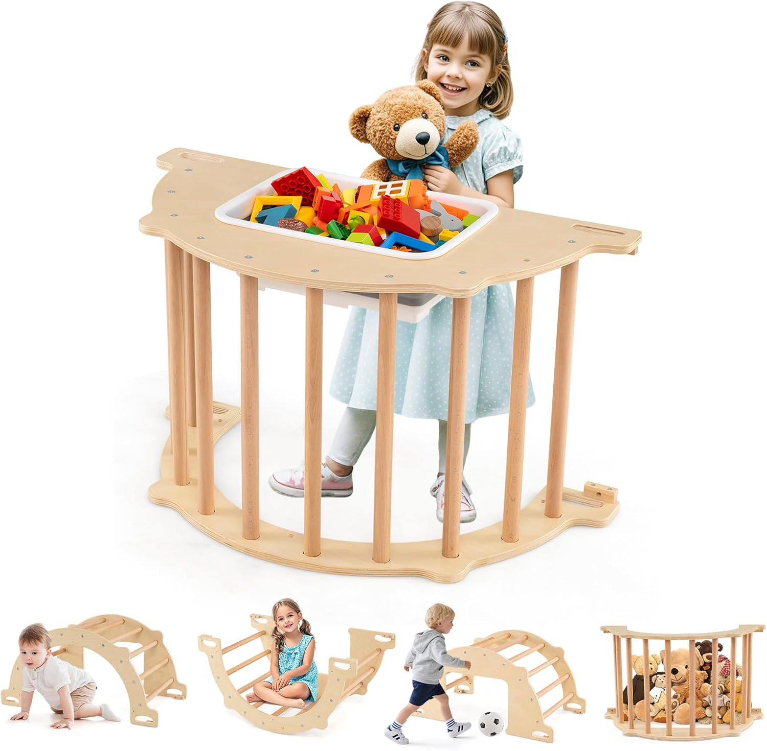 HONEY JOY Pikler Wooden Arch Climber, Montessori Sensory Table for Kids w/Foldable Storage Bin, Baby Rocker Ladder Play Gym, Toddler Climbing Toys Indoor, Learning Gift for Kids (31.5” × 18.5” × 16”)