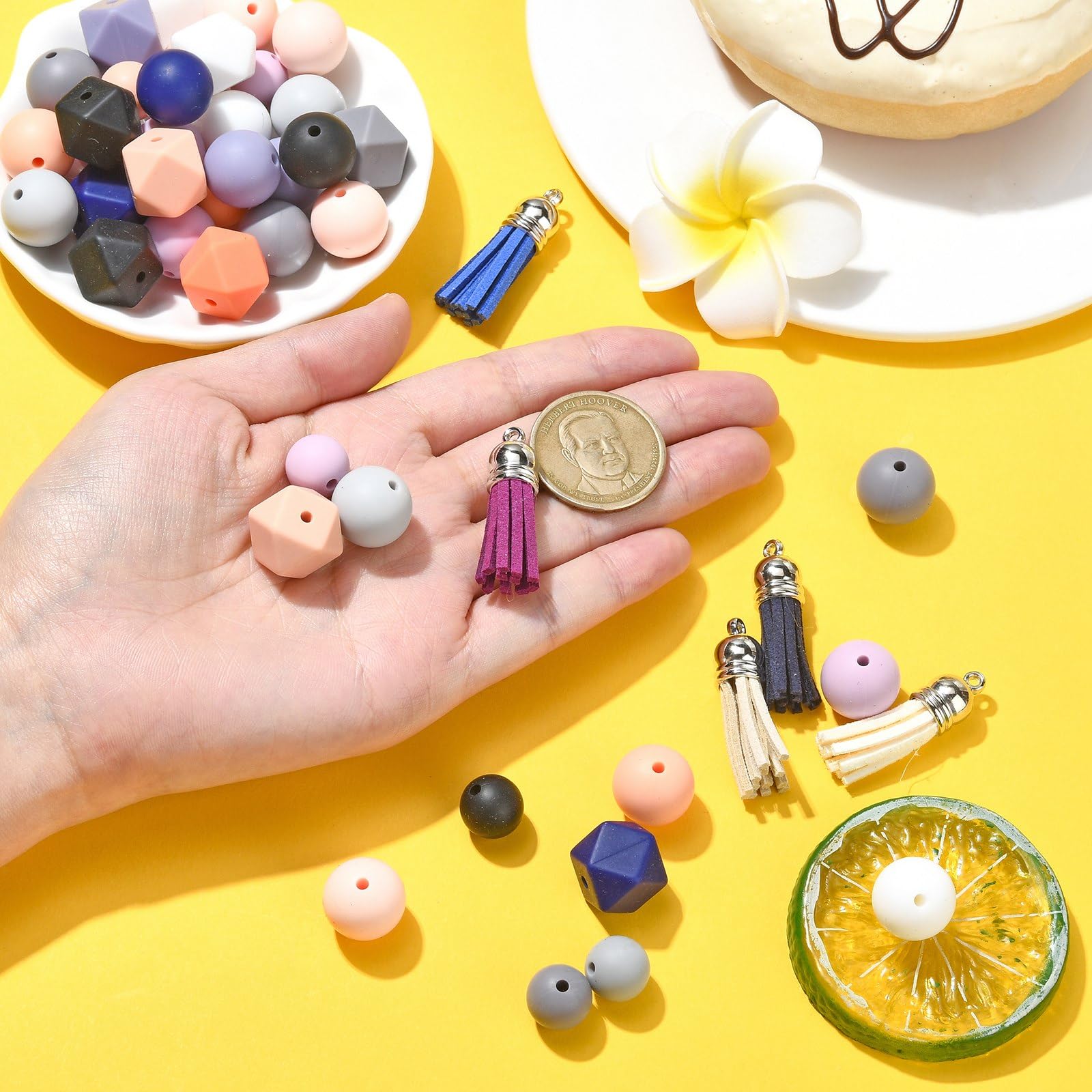 UR URLIFEHALL 100 Pcs Silicone Beads Kit Round Hexagon Beads with Tassel Lobster Clasps Keyrings Elastic Cord for DIY Jewellery Crafts Keychain - Image 3