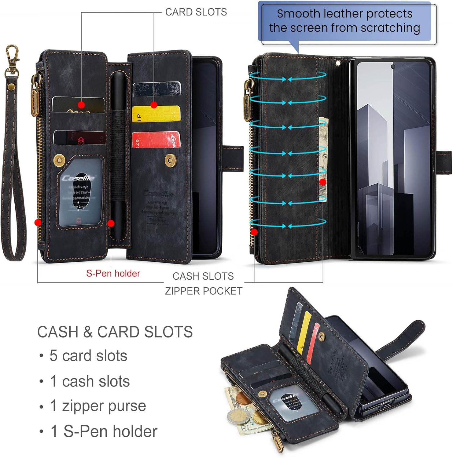 CaseMe Wallet Case for Samsung Galaxy Z Fold 6, Multifunction Handmade Premium PU Leather Zipper Flip Shockproof Case Built-in [Magnetic Closure] [Kickstand] [Card Slots] for Galaxy Z Fold 6 (Black)