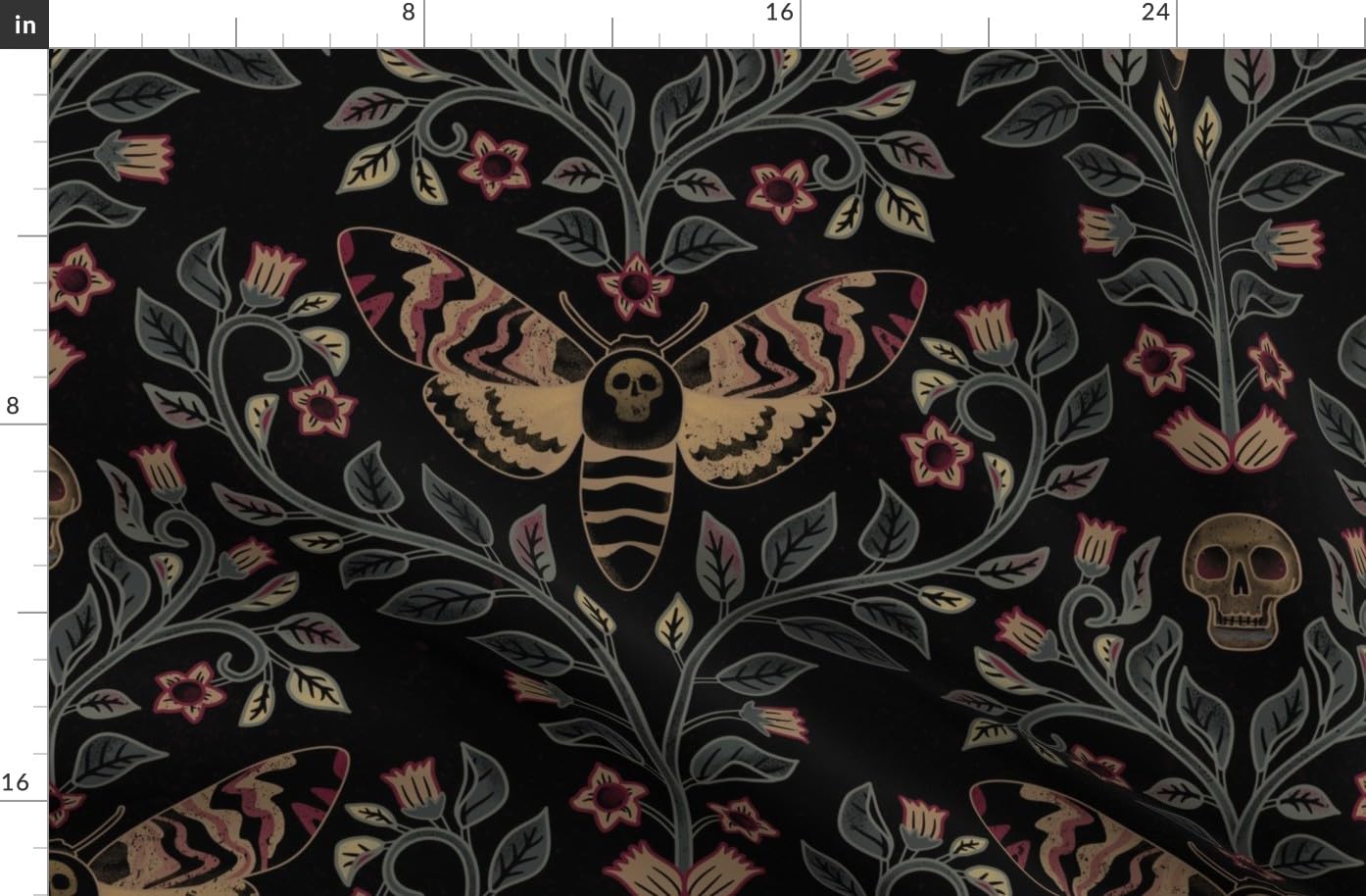 Spoonflower Fabric - Death Head Moth Gothic Belladonna Skull Black Green Large Scale Printed on Cotton Lawn Fabric by The Yard -