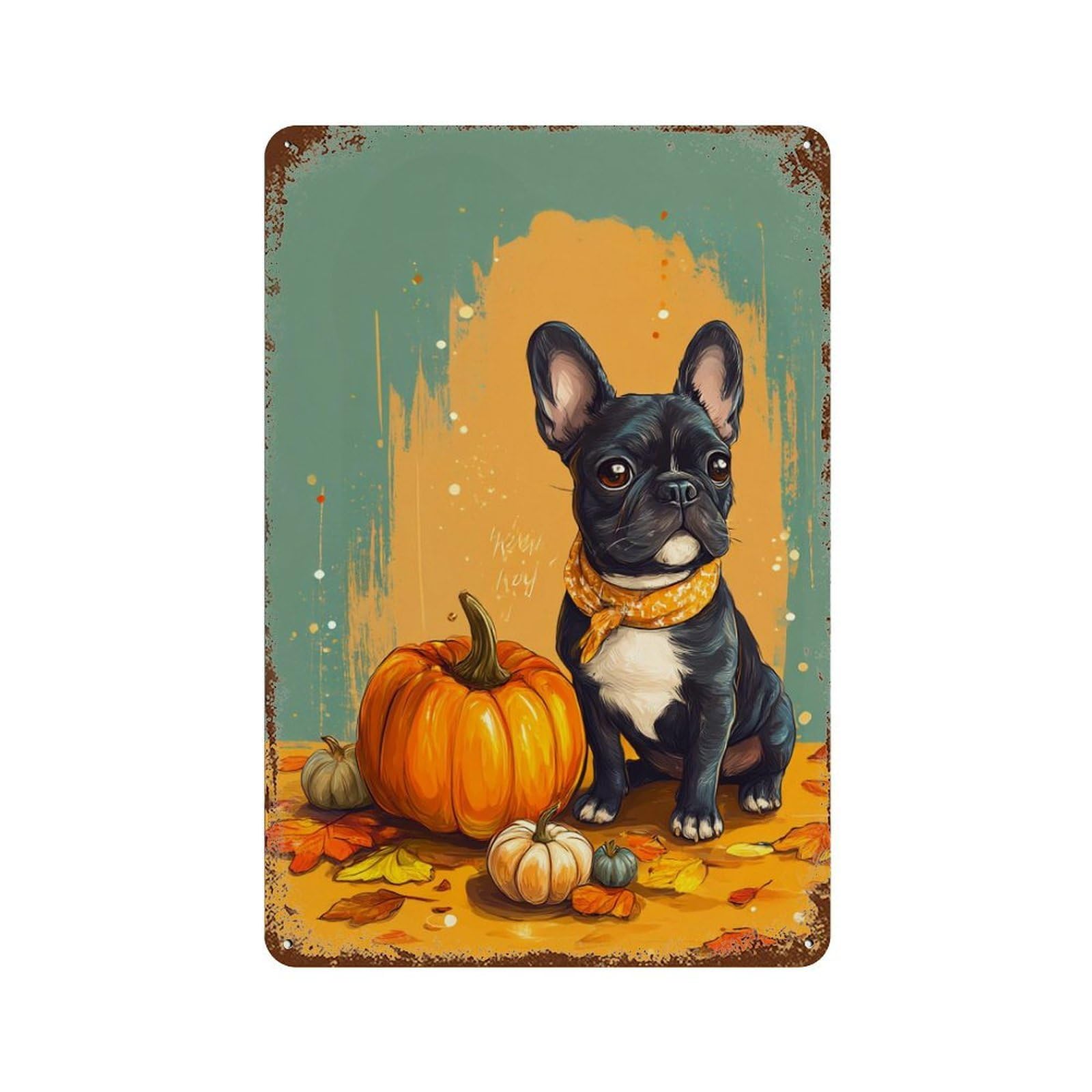 Garage Style Fall Pumpkin French Bulldog-1 Distressed Metal Wall Sign 11.8"x7.9", Shabby Chic Decor for Bar And Workshop