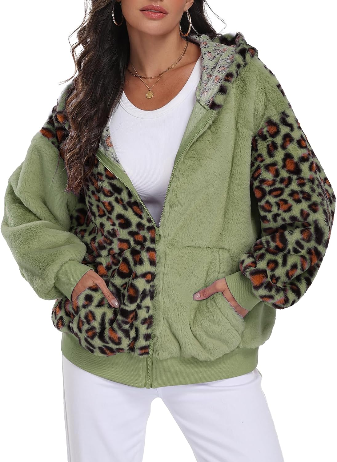 Kimmery Womens Fuzzy Sherpa Zip Up Hoodie Color Block Cozy Winter Jacket with Non-Fleece Inner Lining for Street & Daily