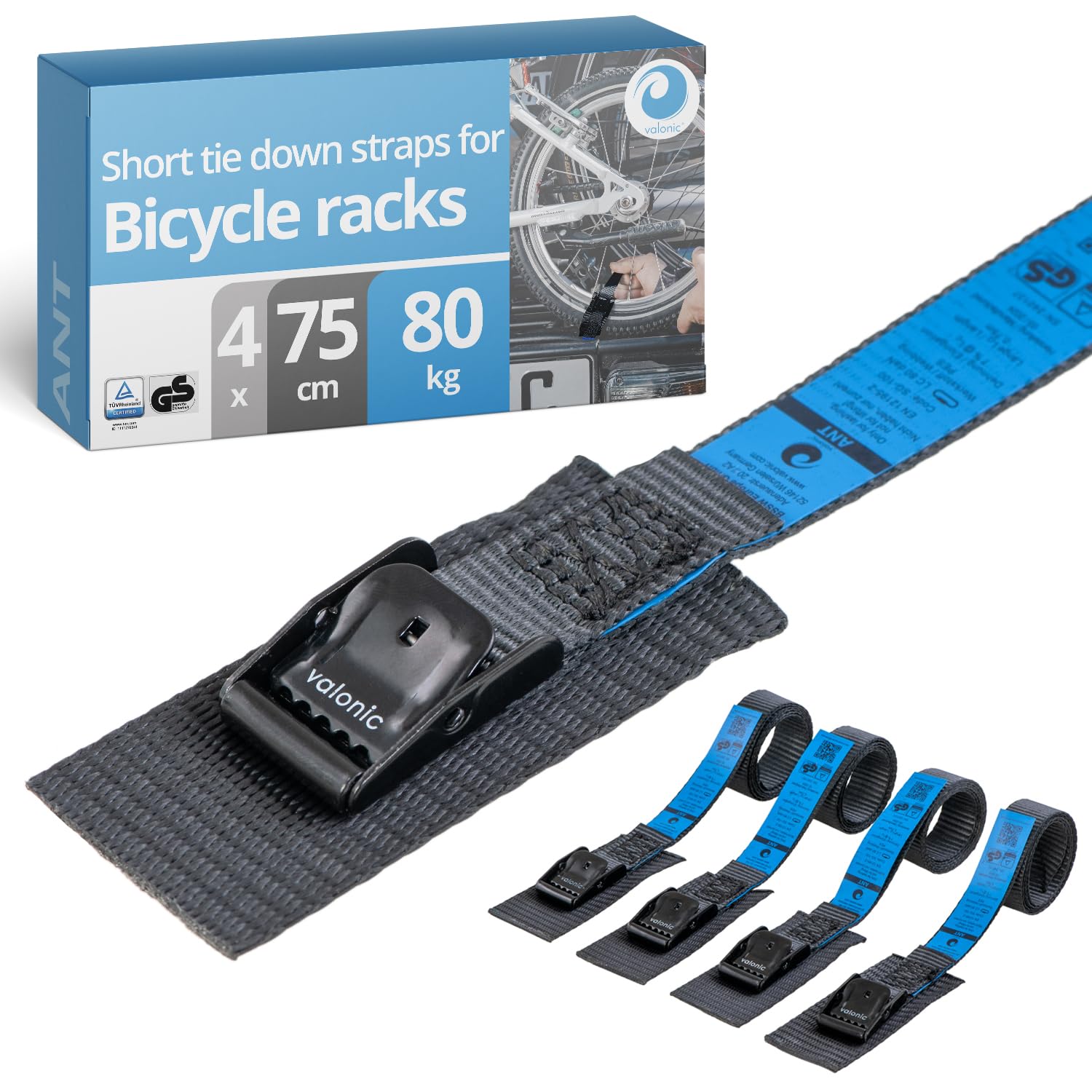valonic ANT - 4x 75cm short tie down strap, 19mm, 80Kg, protection pad, TÜV Rheinl. / GS certified, EN-12195-2 - cam buckle, black tie down straps for bike rack, ebike, kayak