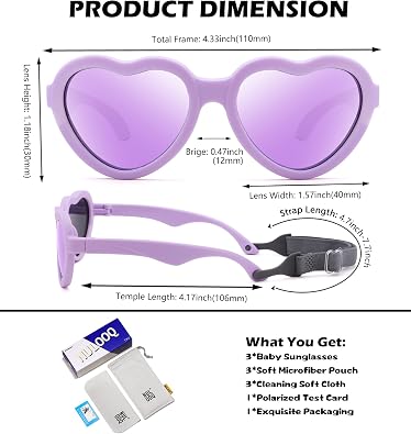 Flexible Heart Shaped Baby Polarized Sunglasses with Strap Adjustable Toddler & Infant Age 0-24 Months
